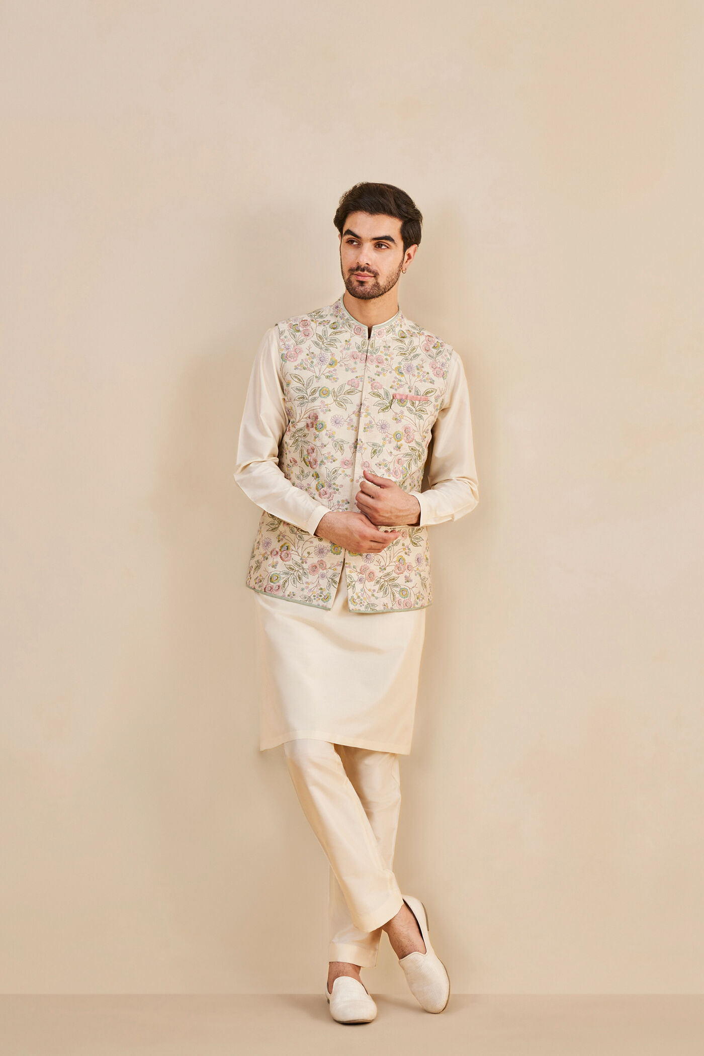 Ishay Embroidered Silk Nehru Jacket - Ivory