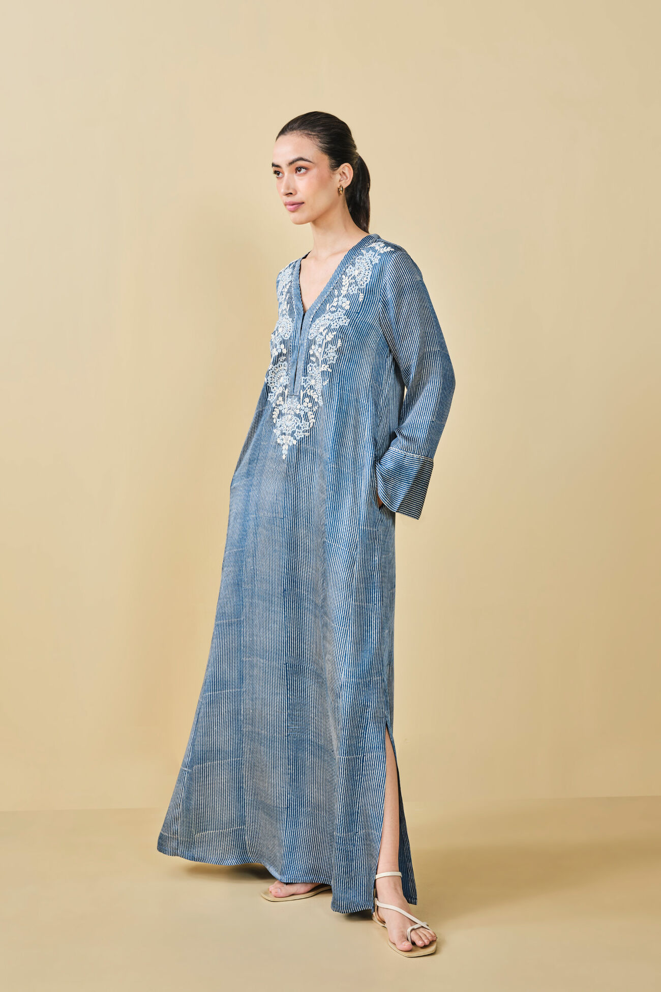 Stream Hand-Block Printed Kaftan - Blue, Blue, image 2