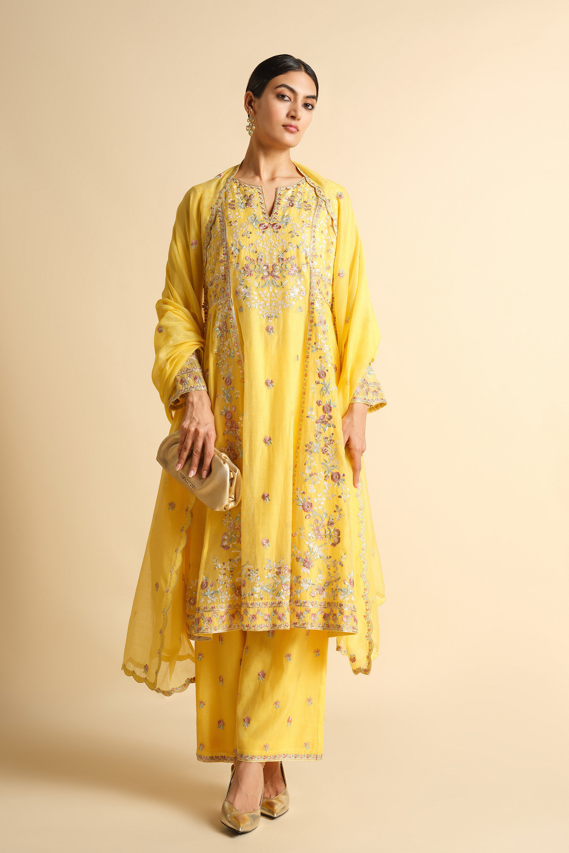 Zareen Embroidered Mul Suit Set - Yellow