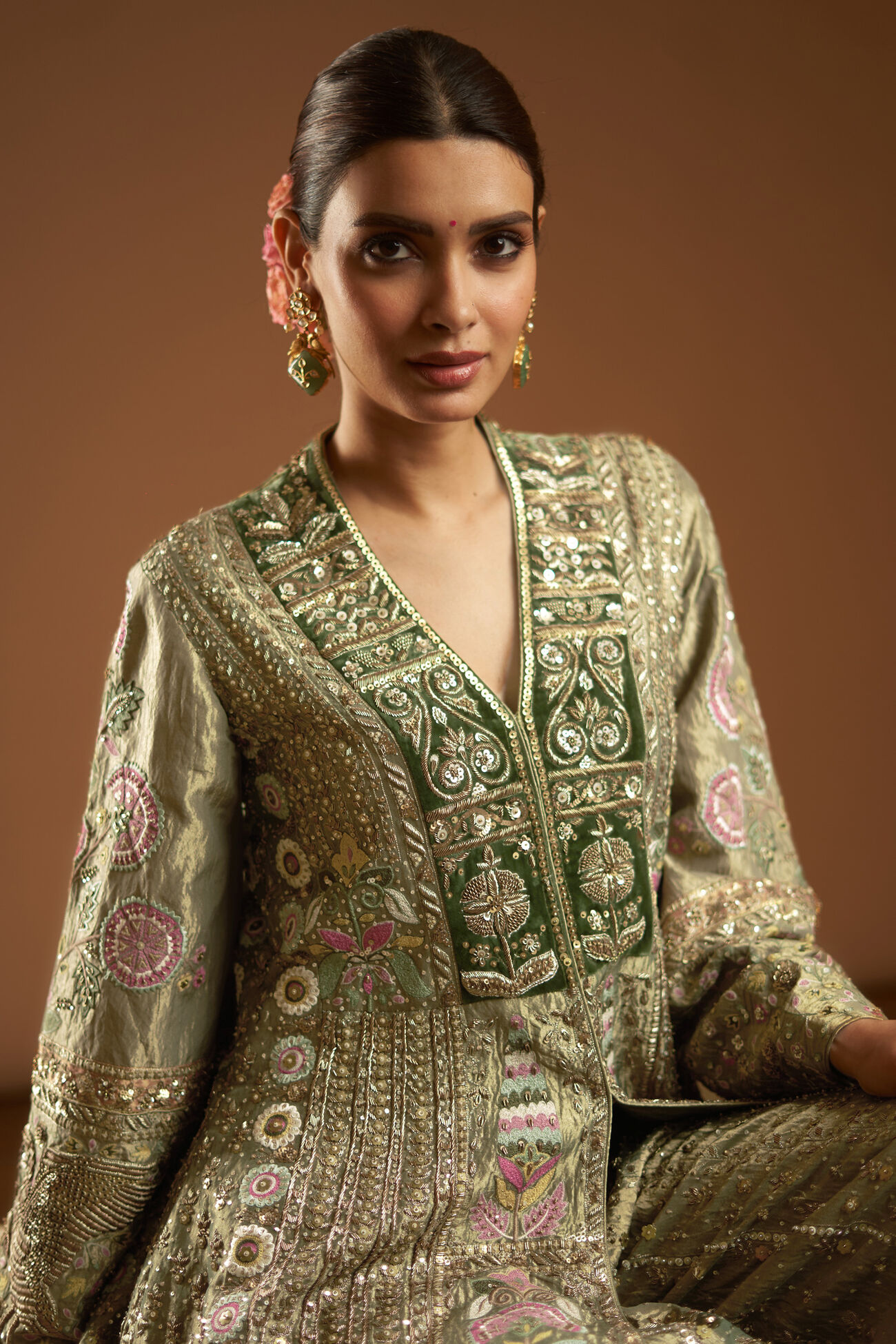 Melody Of The Flowers Embroidered Zardozi Sharara Set - Sage, , image 4