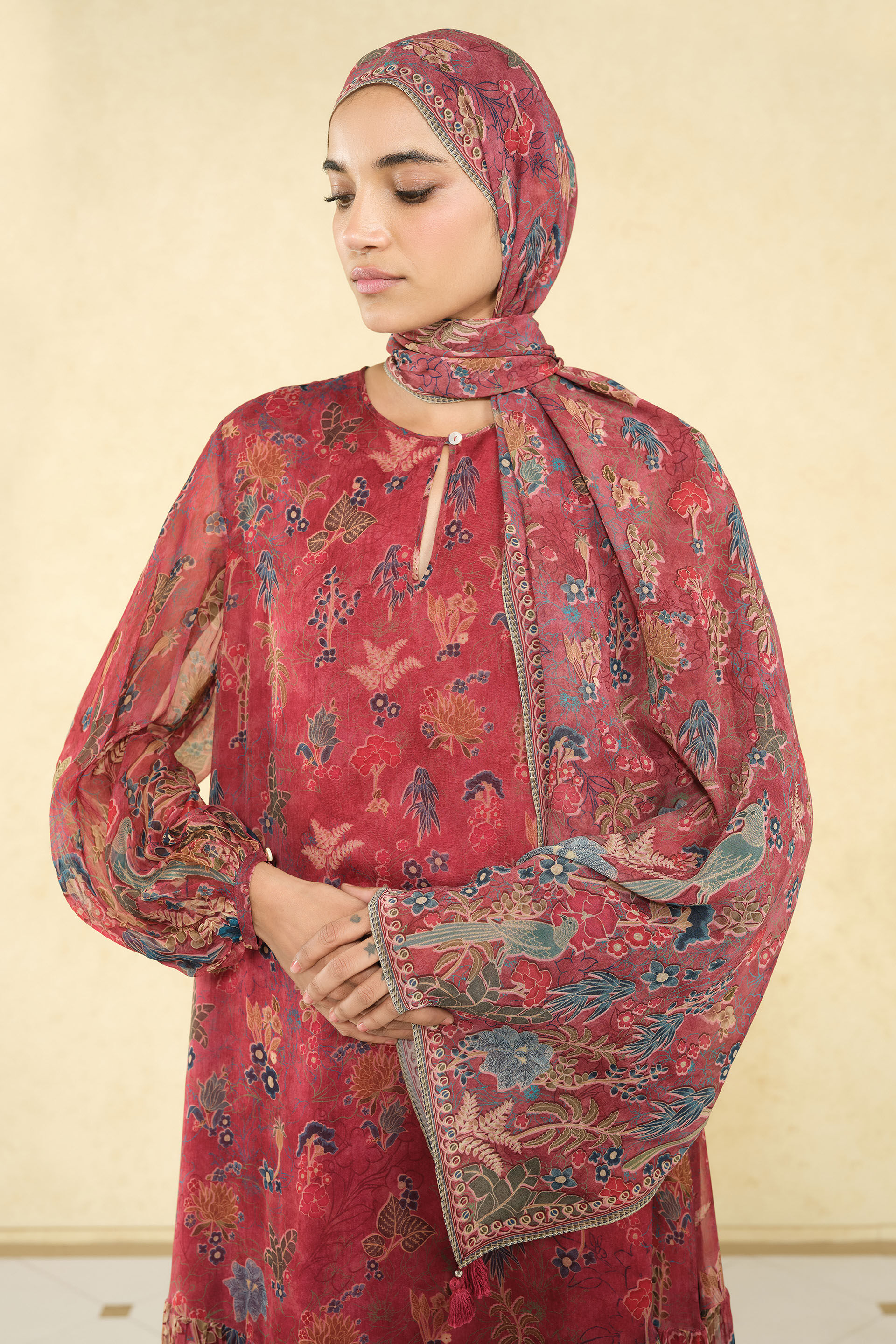Rehma Printed Stole - Red, Red, image 2