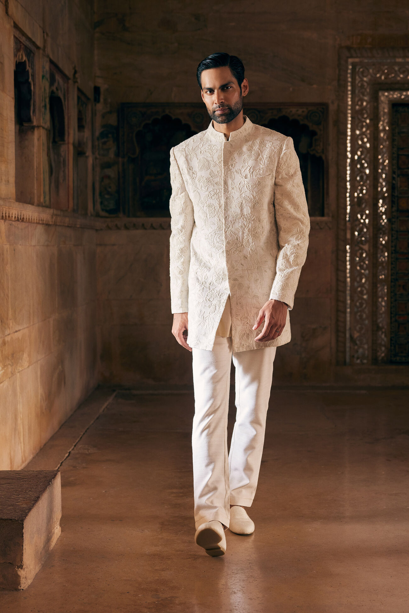Buy Designer Aanav Embroidered Silk Sherwani Off White Online