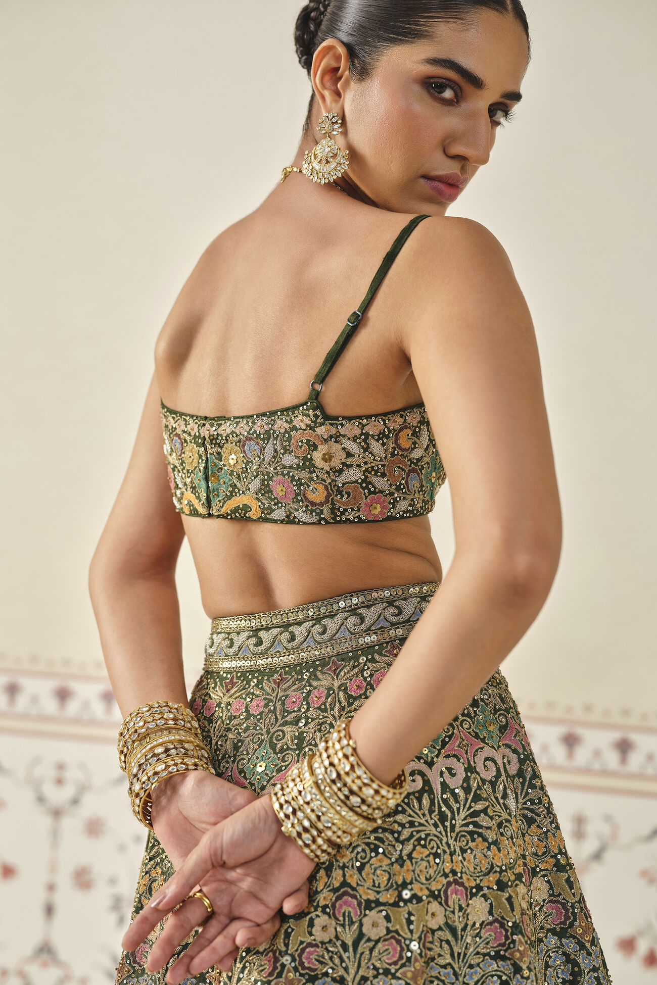 Yiska Embroidered Silk Lehenga Set - Green, Green, image 6