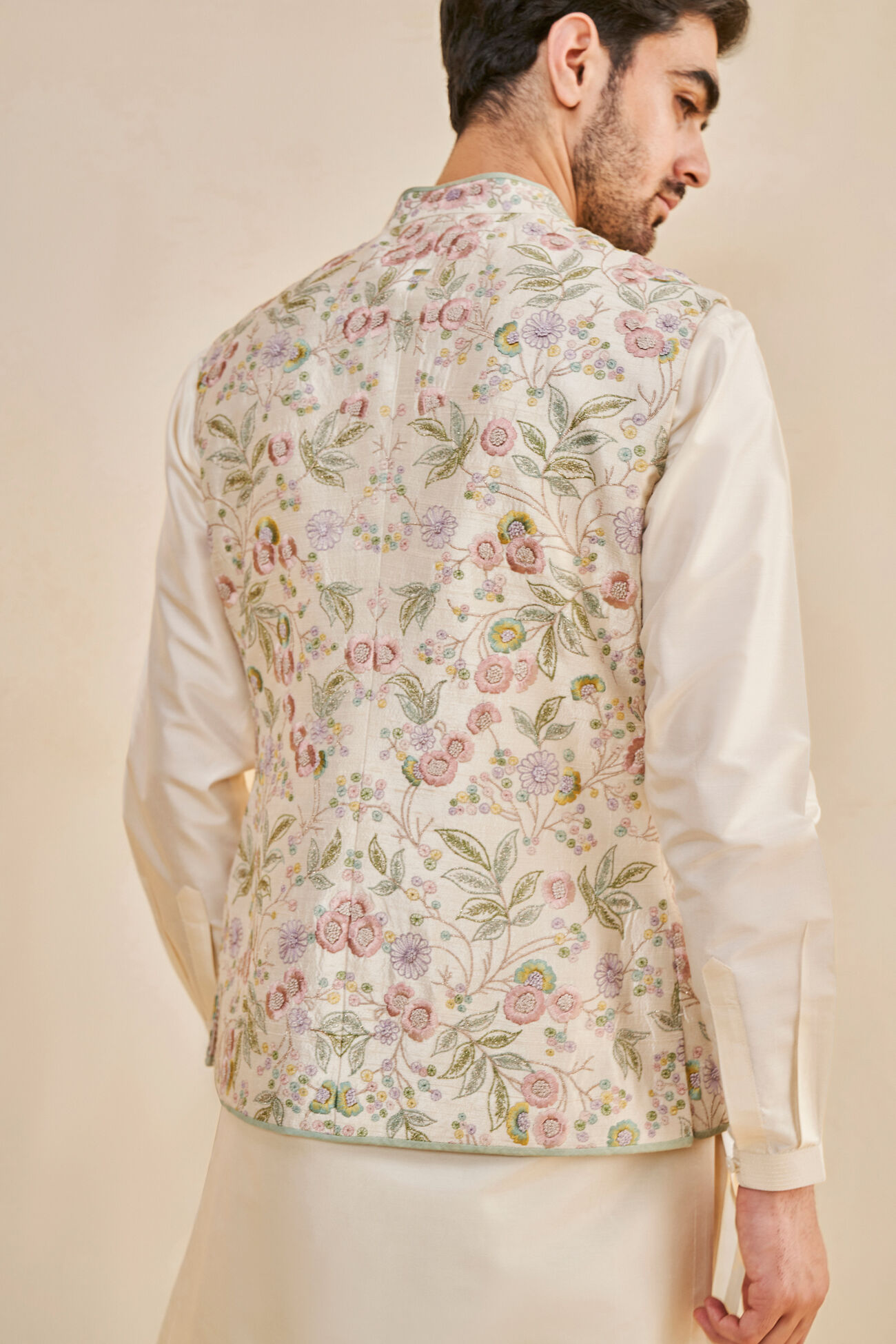 Ishay Embroidered Silk Nehru Jacket - Ivory, Ivory, image 3