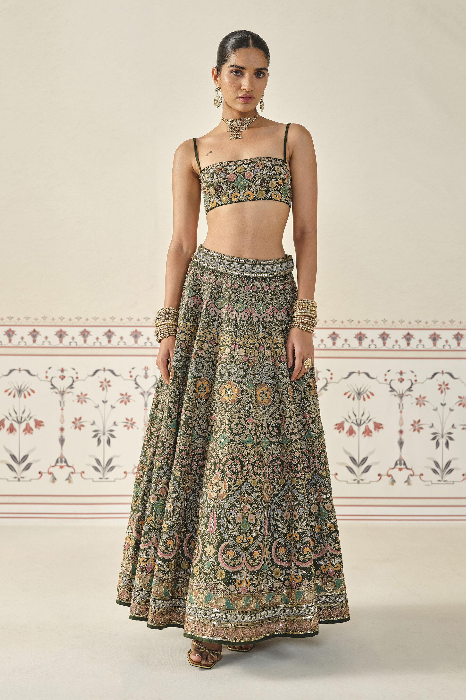 Yiska Embroidered Silk Skirt Set - Green