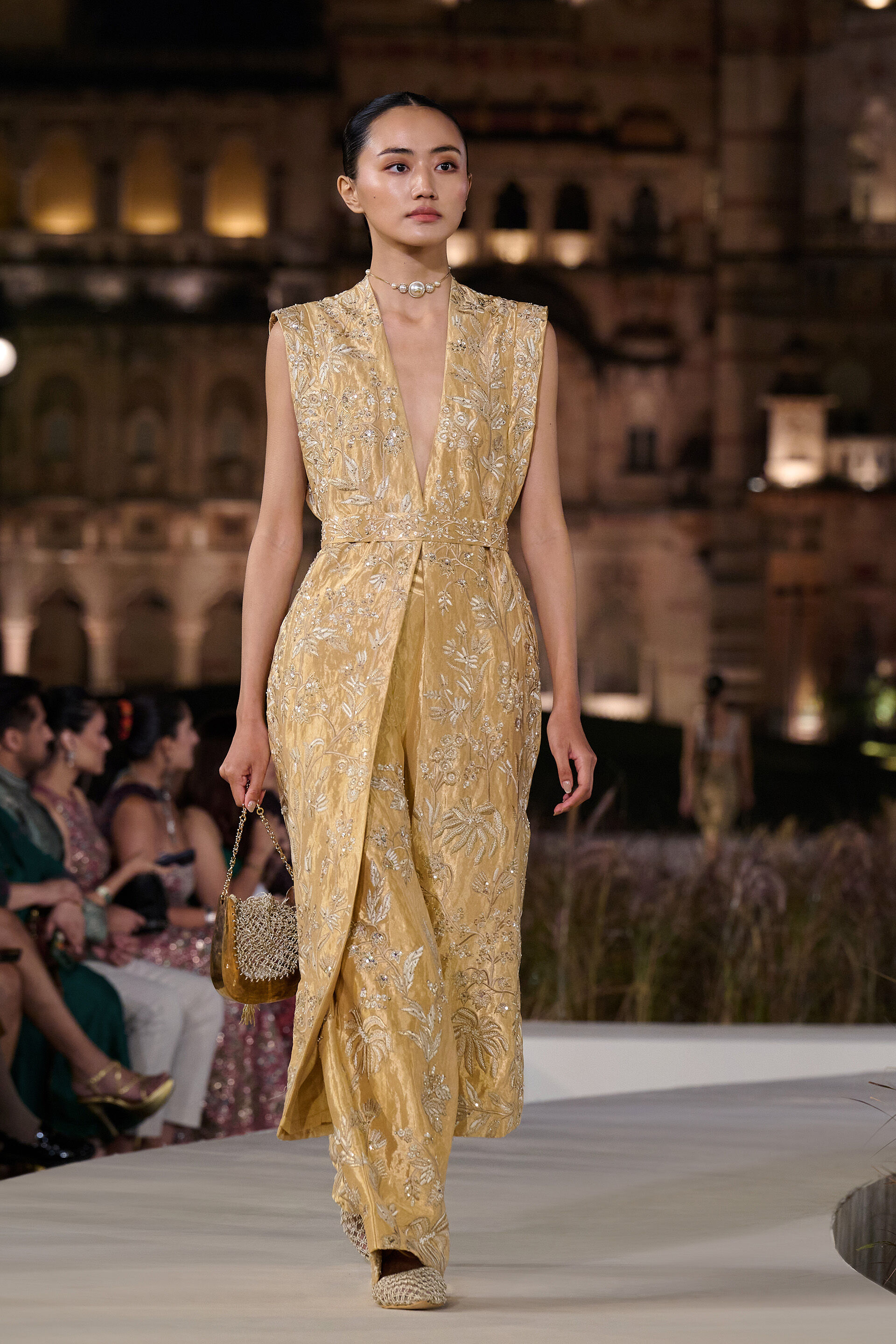 Summerfern Embroidered Applique Silk Co-ord - Gold