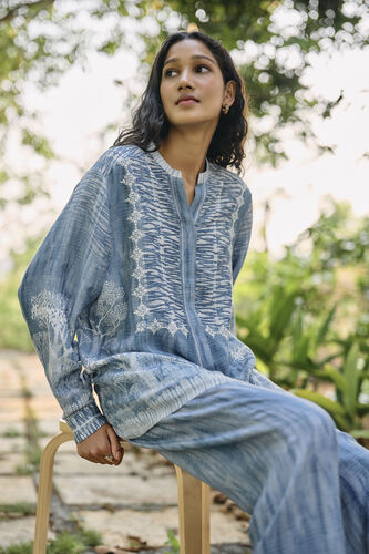 Creek Hand-embroidered Chikankari Linen Coord - Blue, Blue, image 3