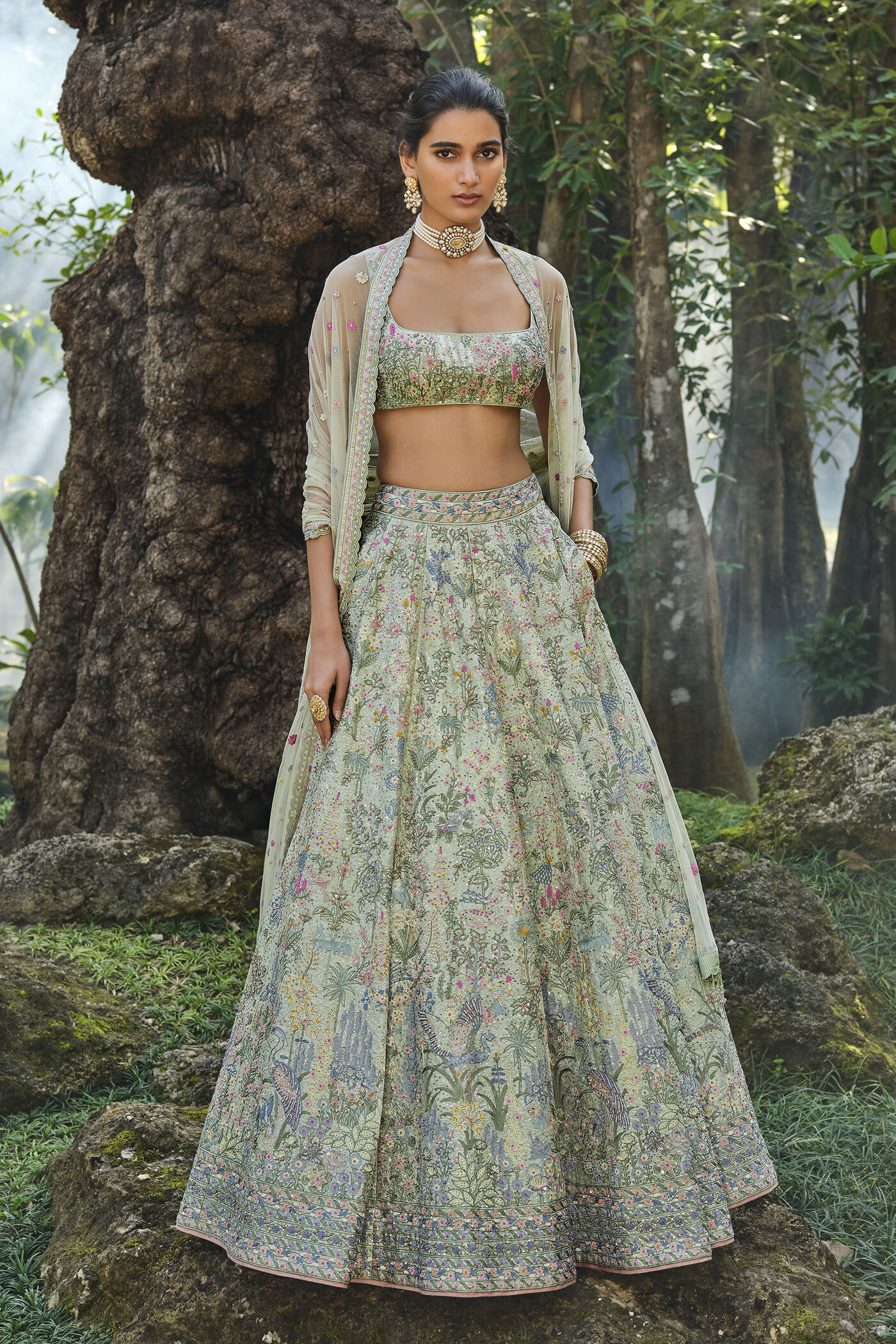 Alazani Embroidered Silk Lehenga Set - Sage