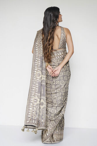 Shravani Ajrakh Hand-block Printed Silk Saree - Grey, Grey, image 4