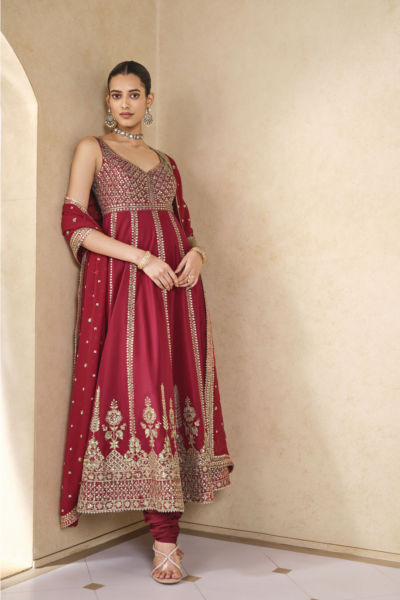 Anaka Gota Patti Silk Anarkali - Red, Red, image 4