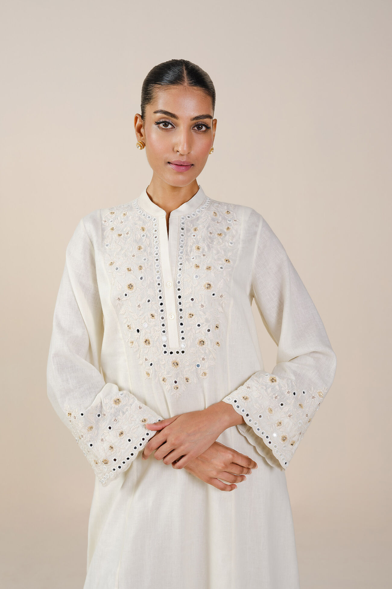 Sikara Mirror Embroidered Linen Kaftan - Natural, Natural, image 4