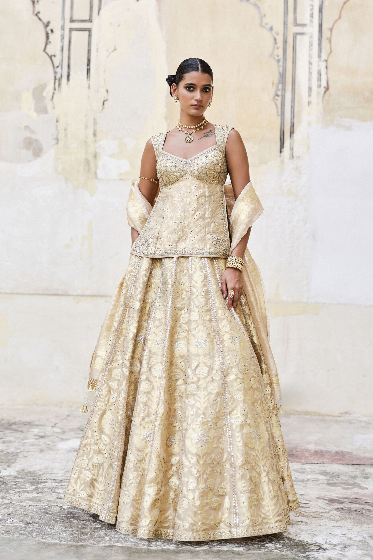 Ramsha Handwoven Benarasi Silk Lehenga Set - Gold, Gold, image 1