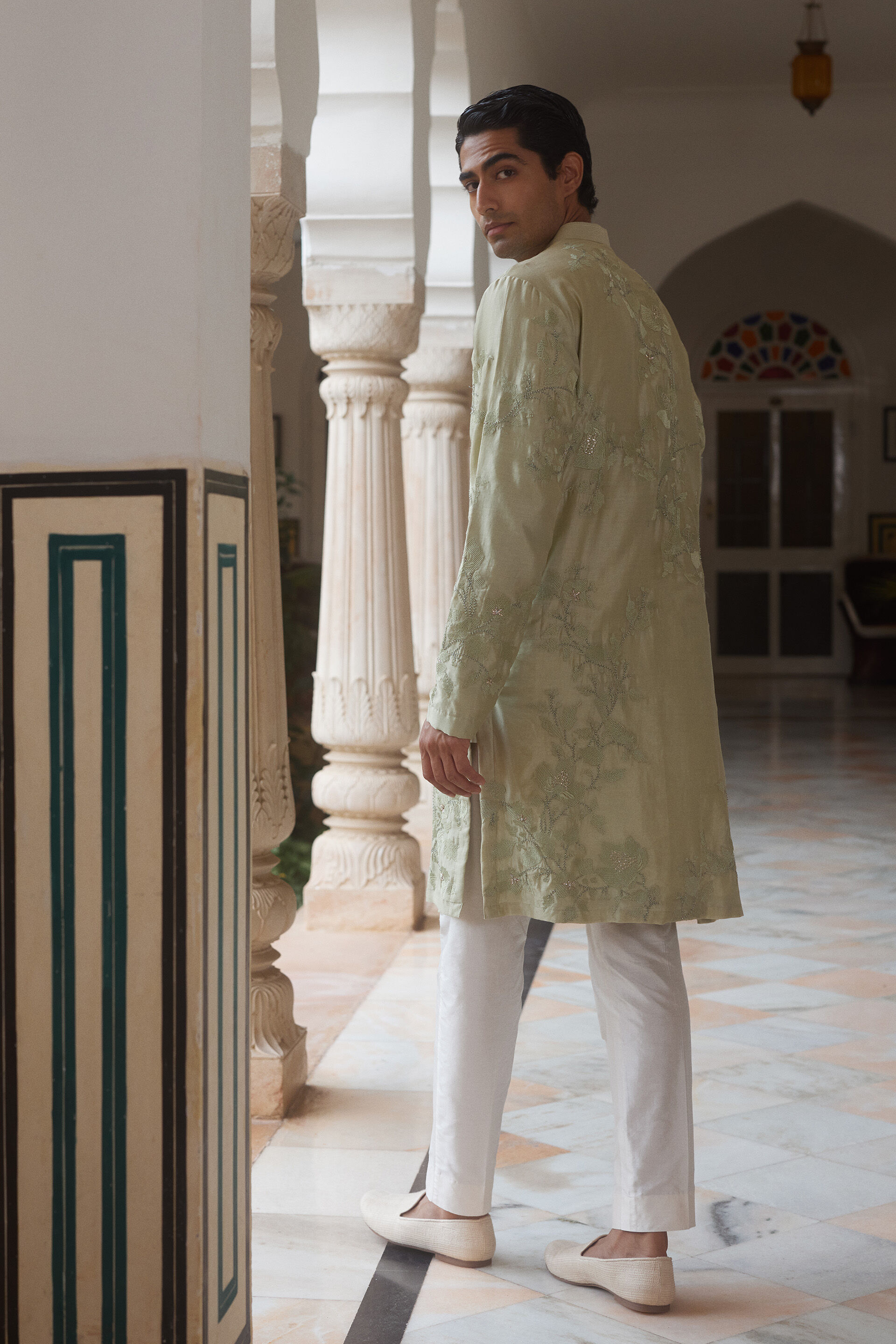 Dharv Embroidered Silk Kurta - Sage