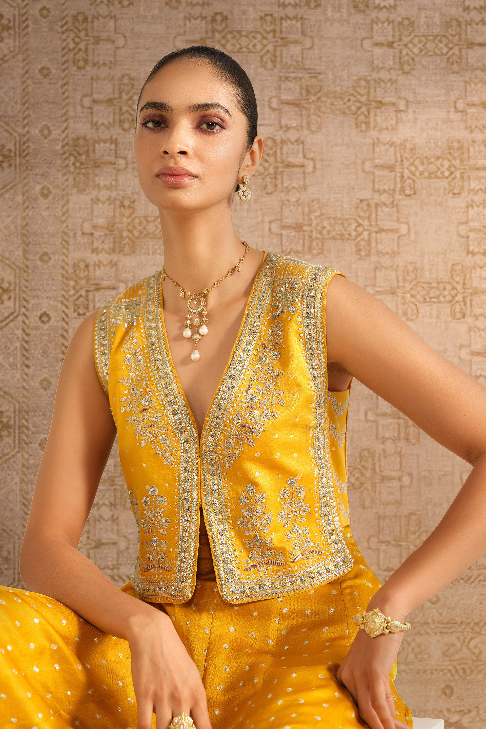 Athasri Handcrafted Bandhani Silk Sharara Set - Yellow, Yellow, image 4