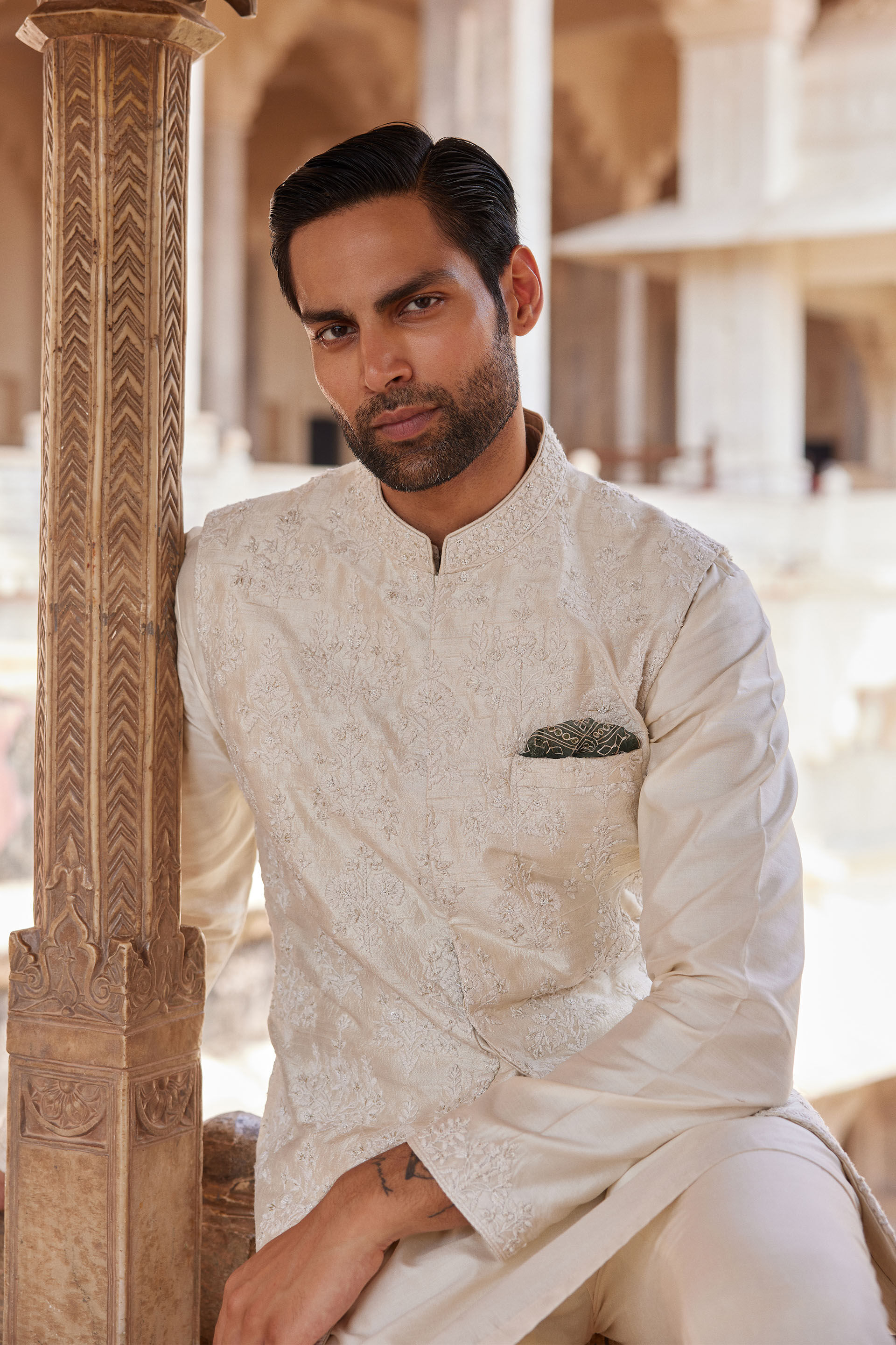 Palaksh Hand embroidered Silk Nehru Jacket Ivory