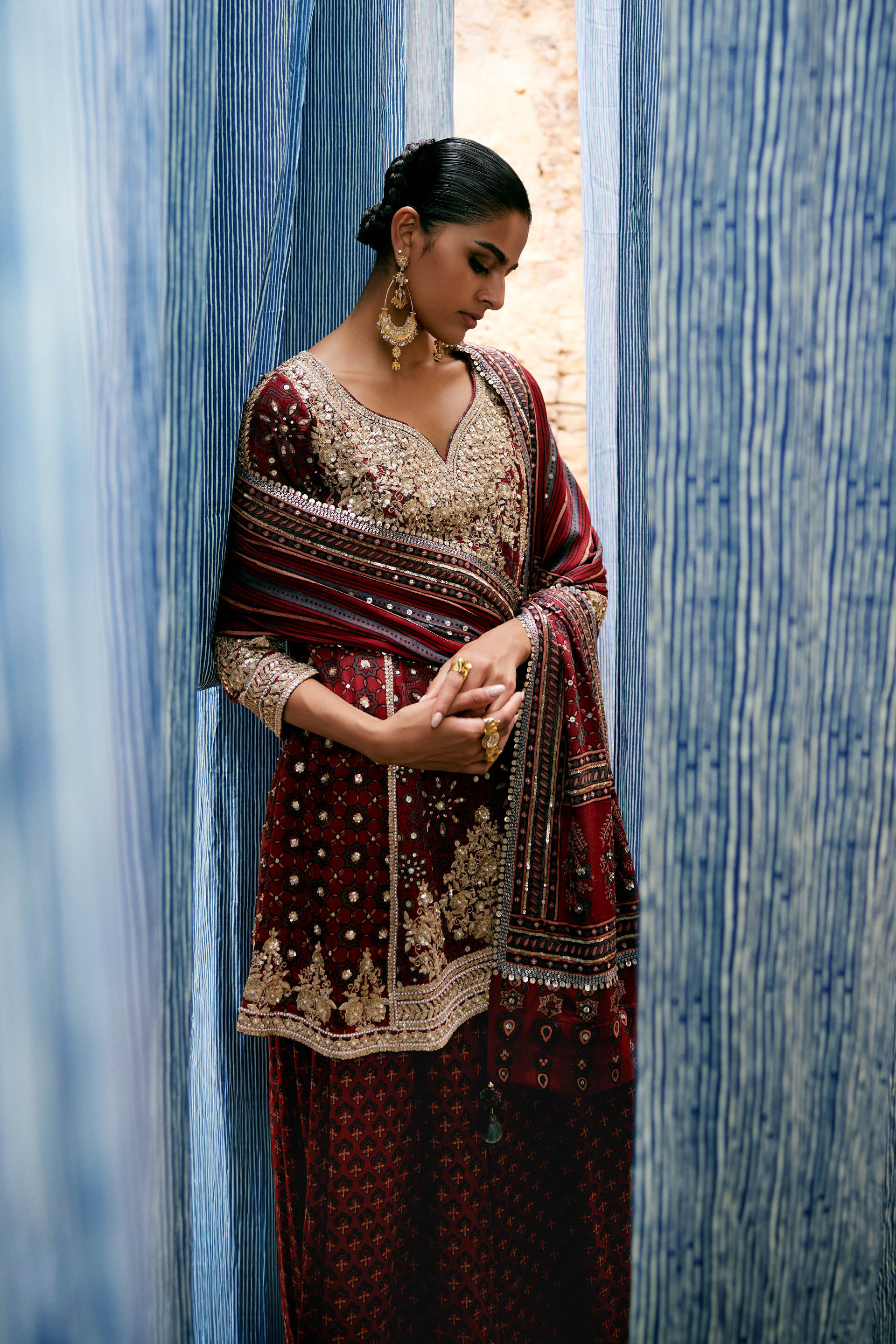 Kirsa Ajrakh Hand-block Printed Silk Sharara Set - Red