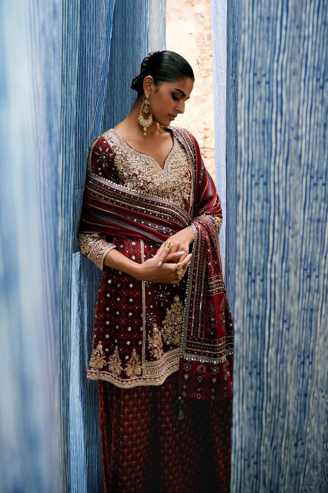 Buy Designer Kirsa Ajrakh Handblock Printed Silk Suit Set Red Onlin