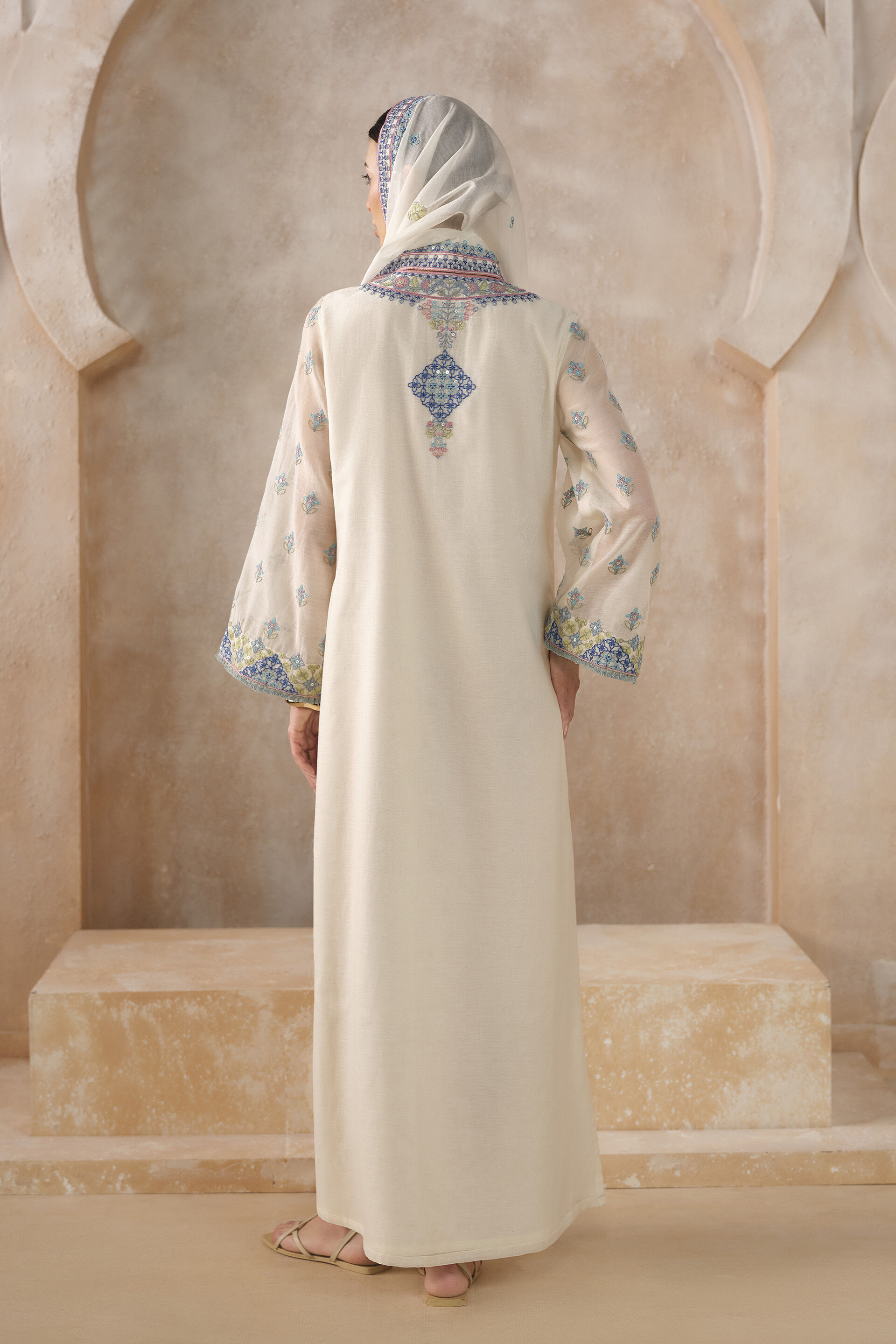 Stellara Embroidered Mul Kaftan - Ivory