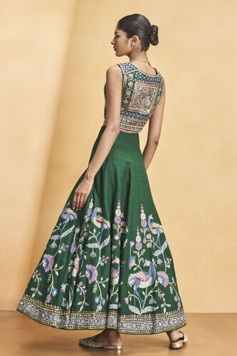 Evergreen Paradise Embroidered Zardozi Silk Skirt Set - Green, Green, image 3