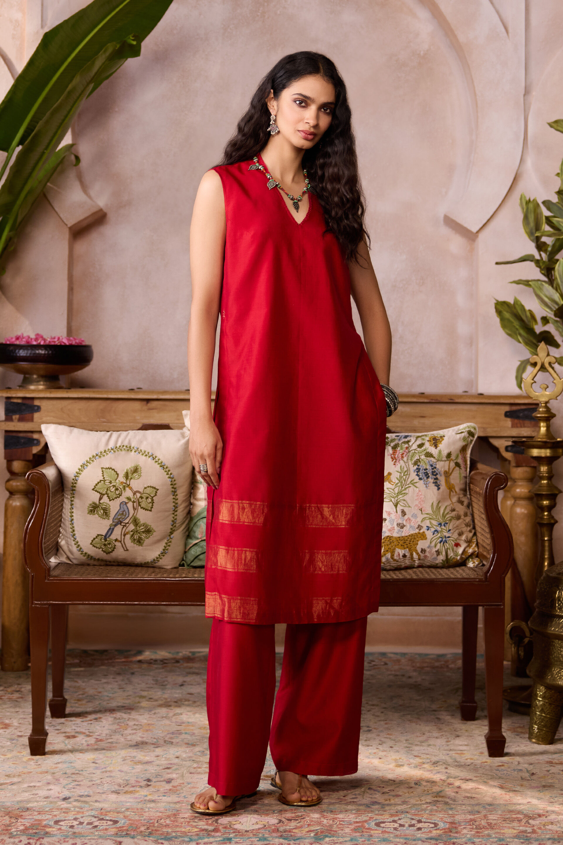 Eliane Handwoven Maheshwari Co-ord - Red