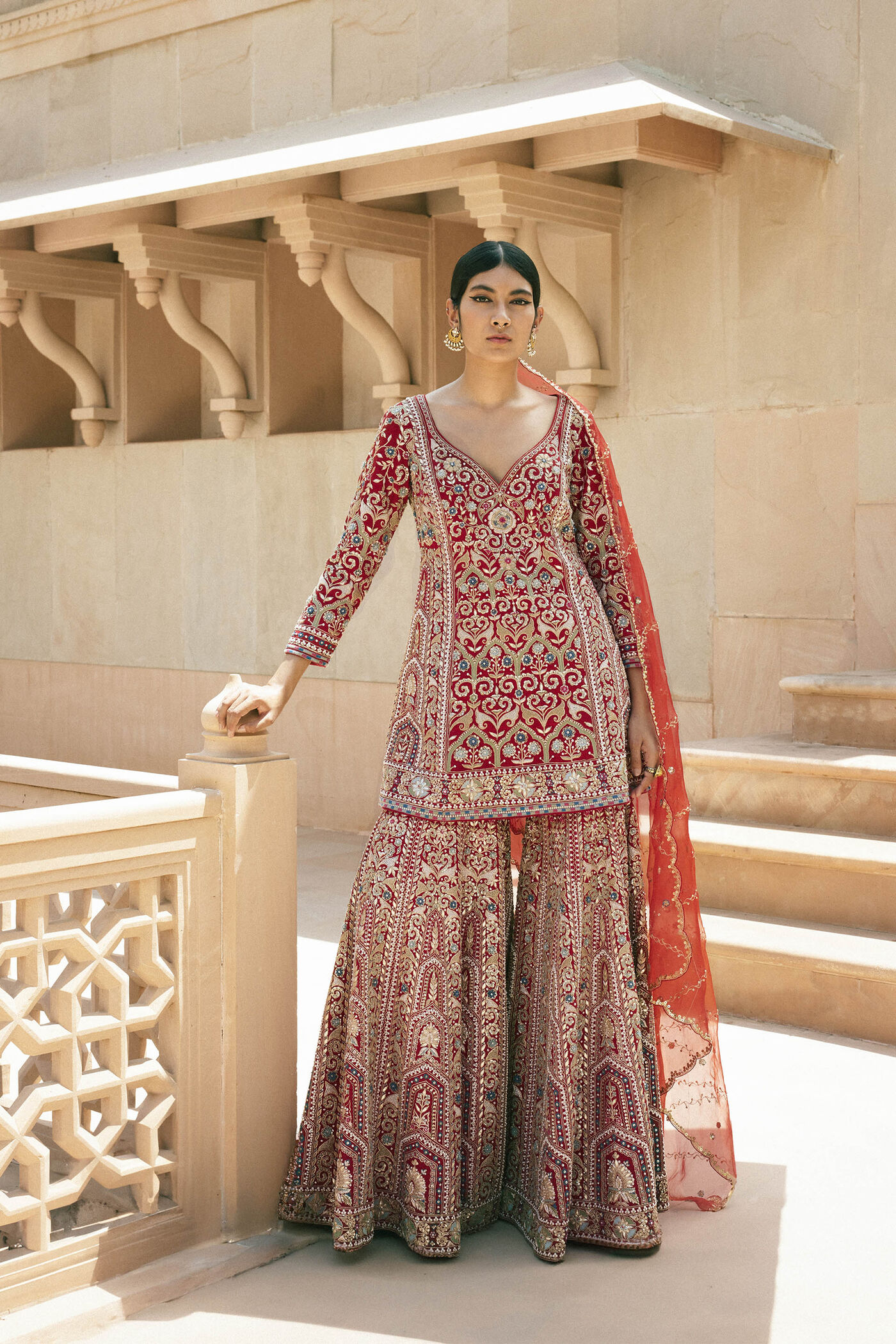 Chand Gota Patti & Resham Silk Gharara Set - Red