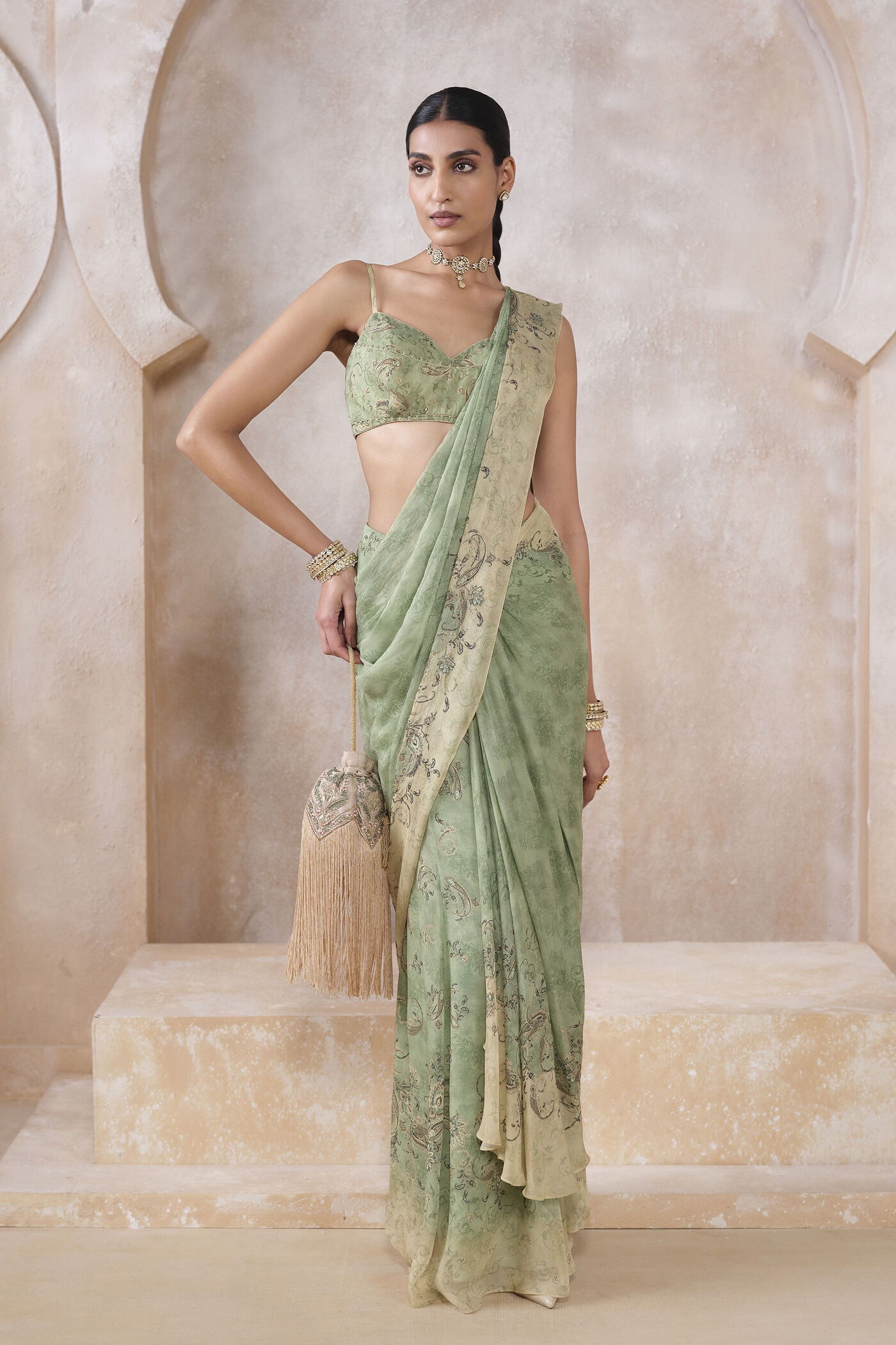 Lizbet Sequin Chiffon Pre-draped Saree - Green