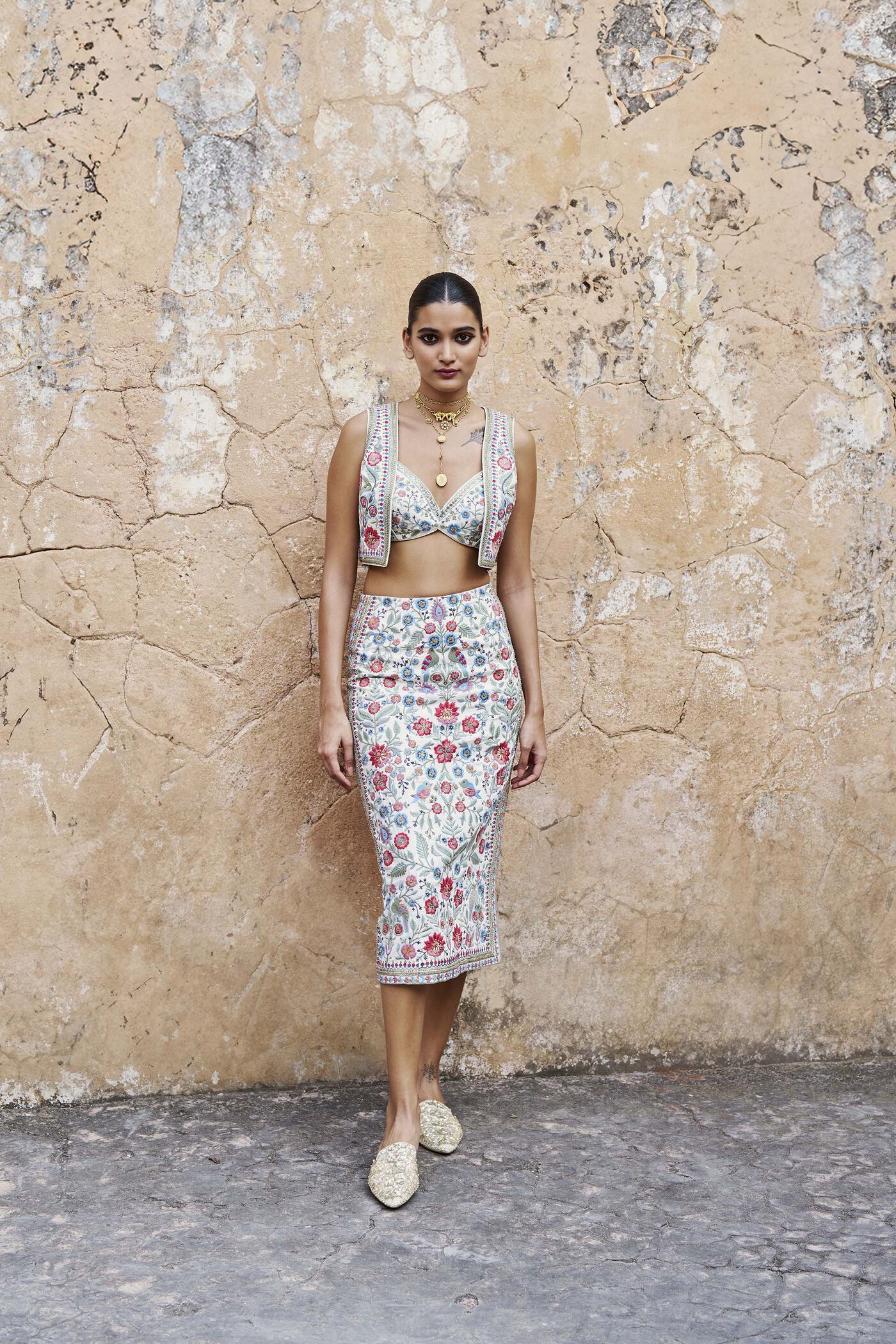 Galaxy Of Flowers Embroidered Silk Skirt Set - Cream