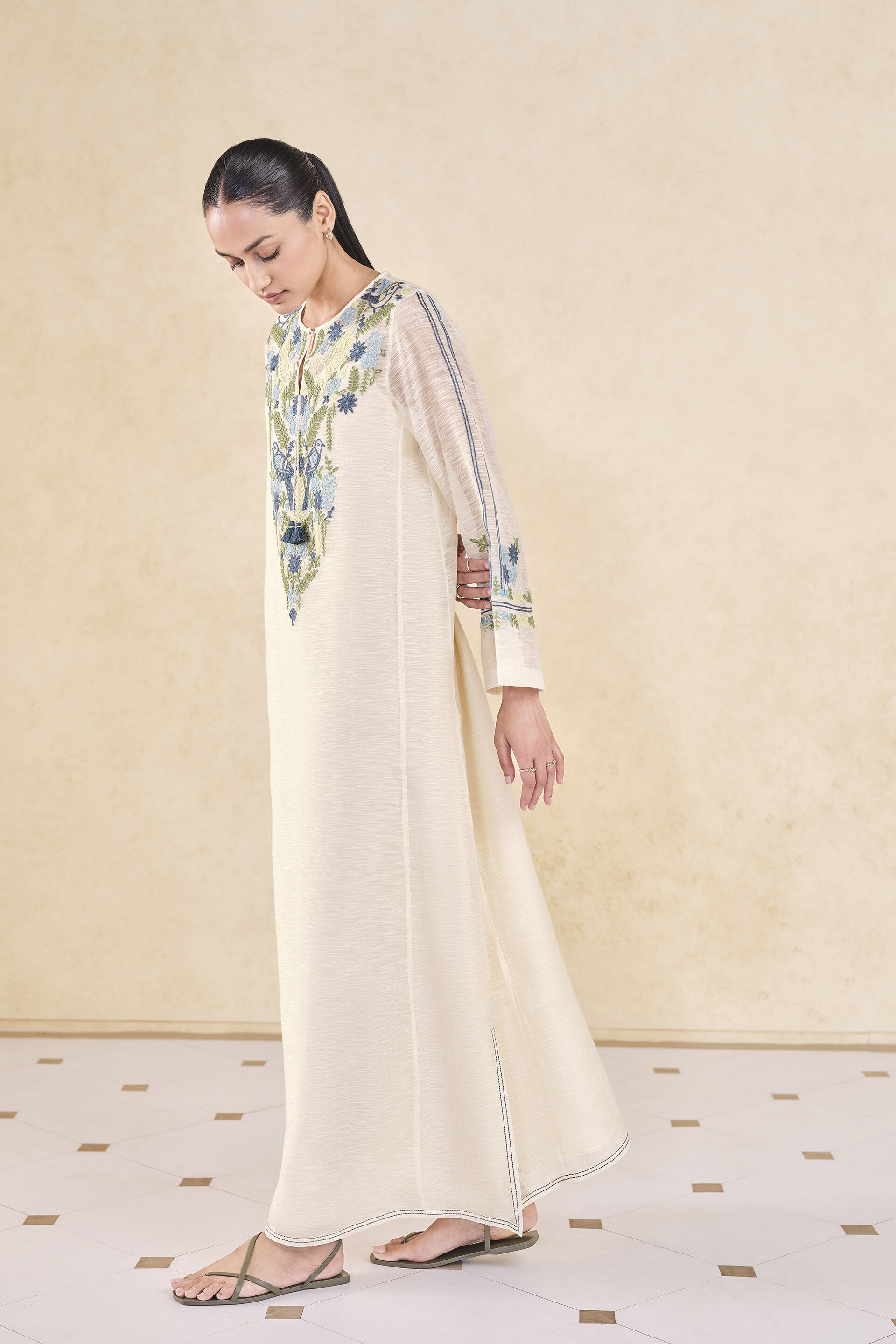 Ebonique Hand-embroidered SEWA Mul Kaftan - Ivory, Ivory, image 3