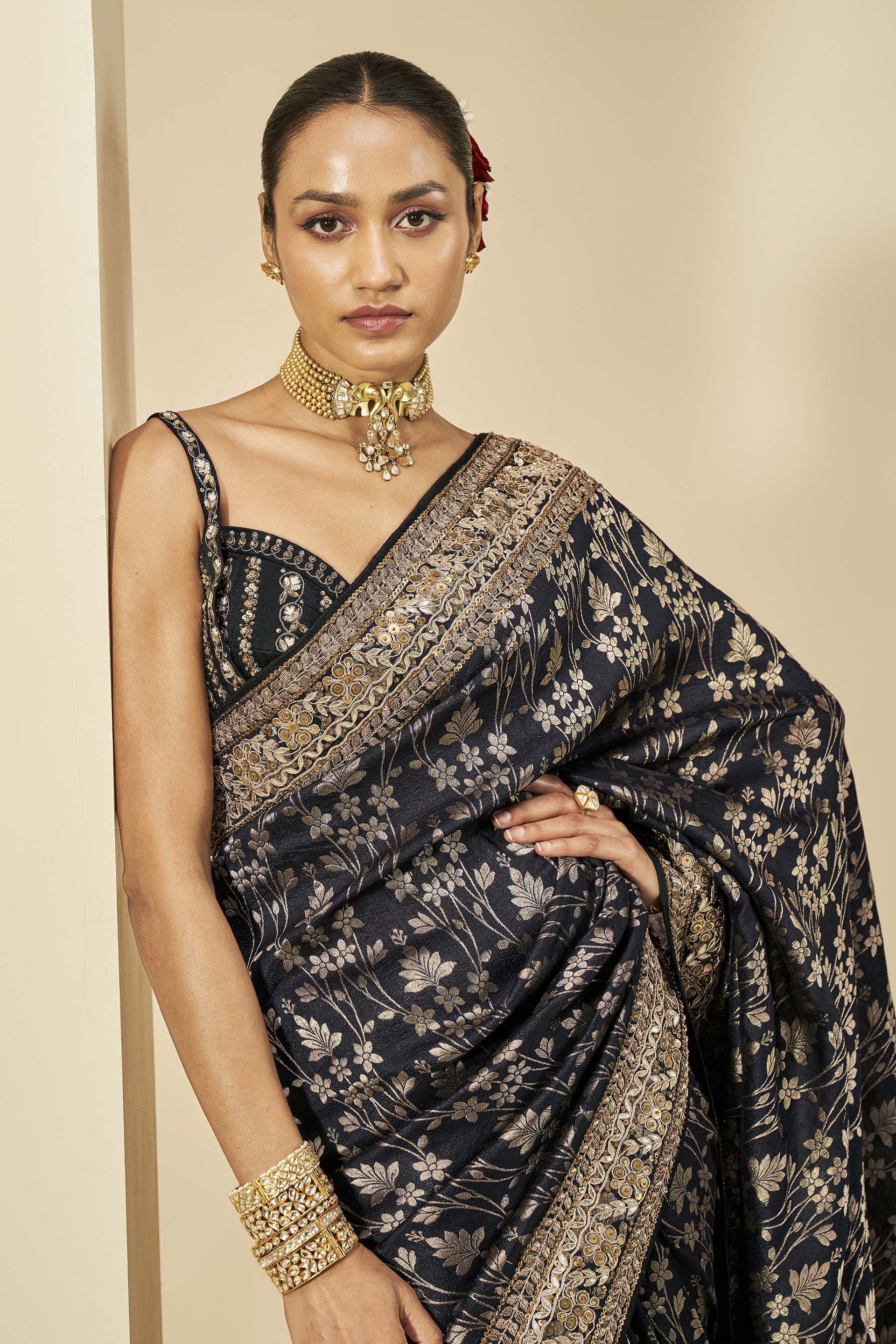 Gleaming Forest Benarasi Silk Embroidered Saree, Black, image 4