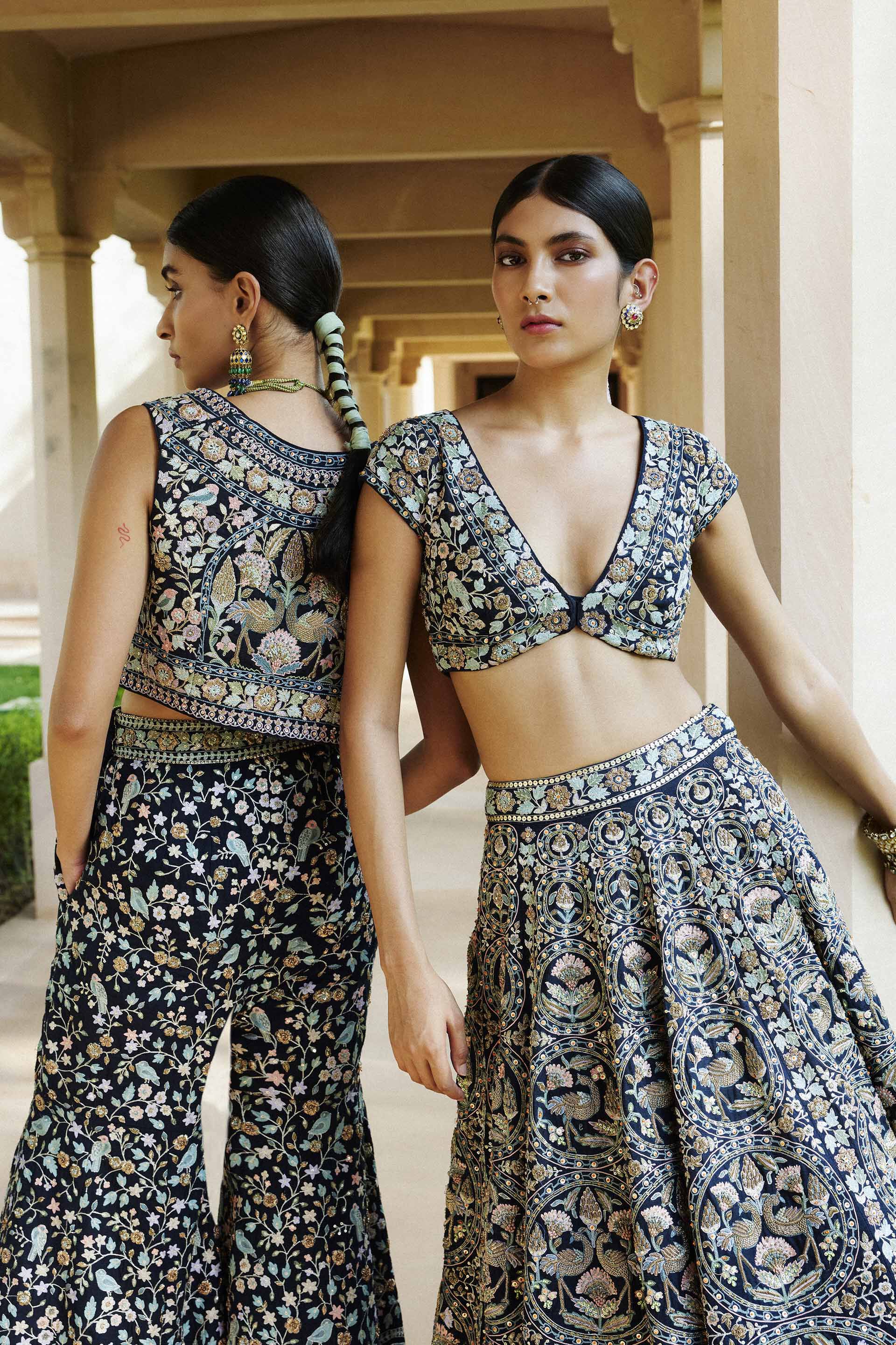 Nadisa Zardozi & Resham Silk Skirt Set - Navy Blue