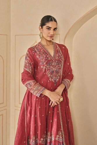 Zunaira Embroidered Mul Anarkali Set, Red, image 4