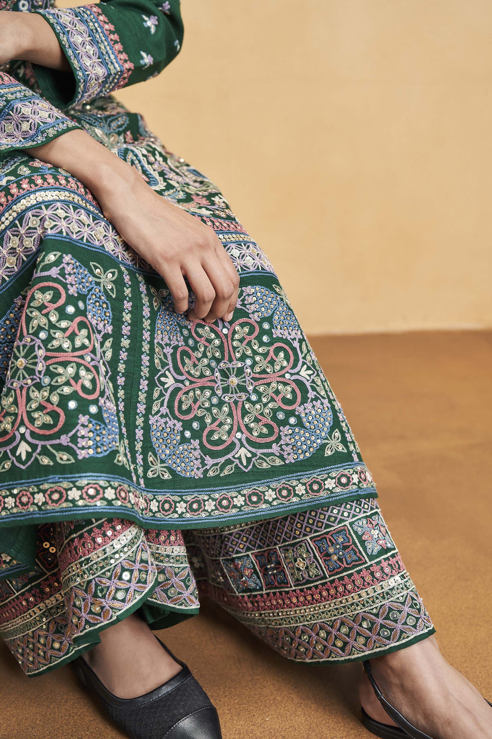 Serenade Of The Trees SEWA Hand-embroidered Silk Kurta Set - Green, Green, image 8