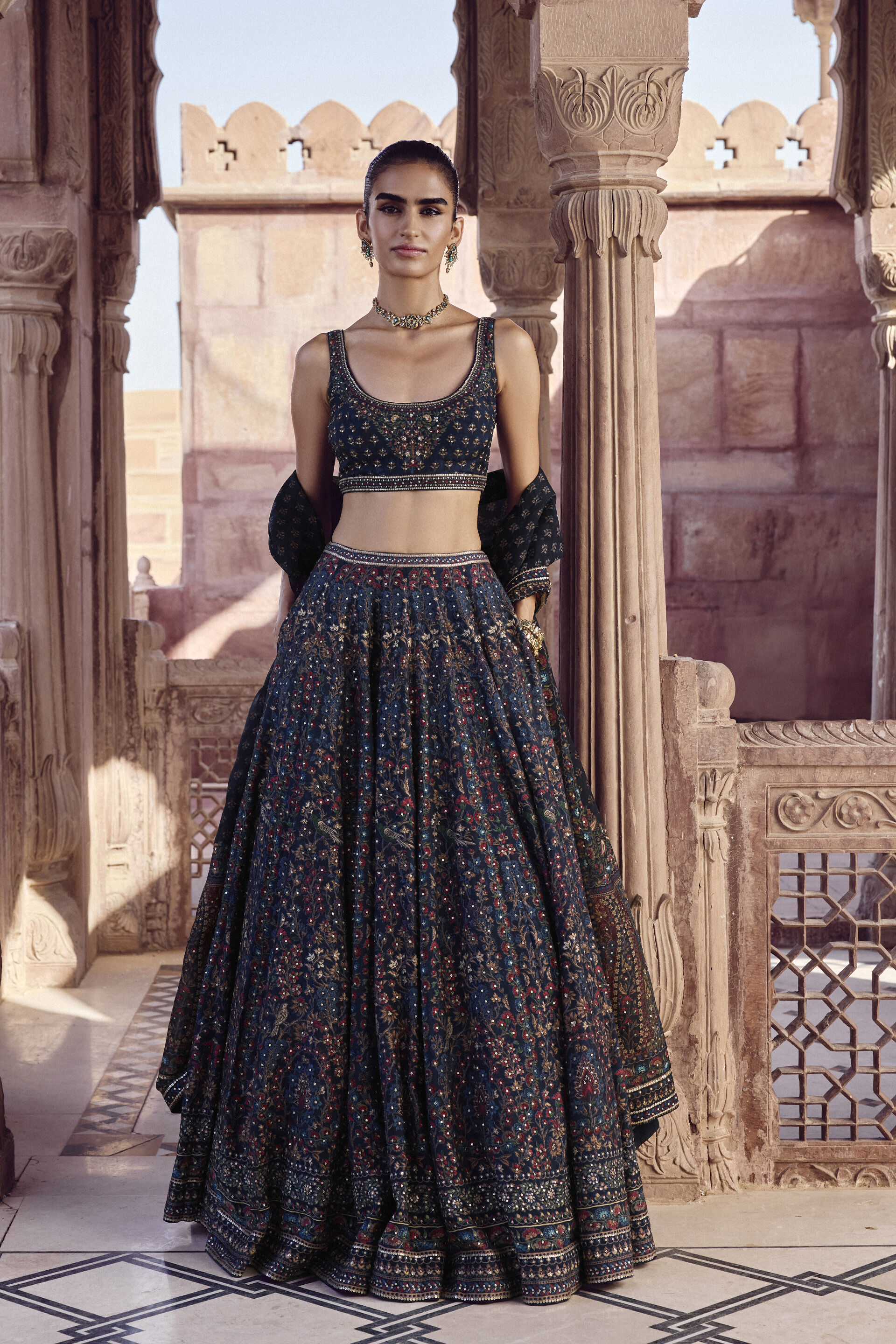 Sharinee Embroidered Silk Lehenga Set - Blue