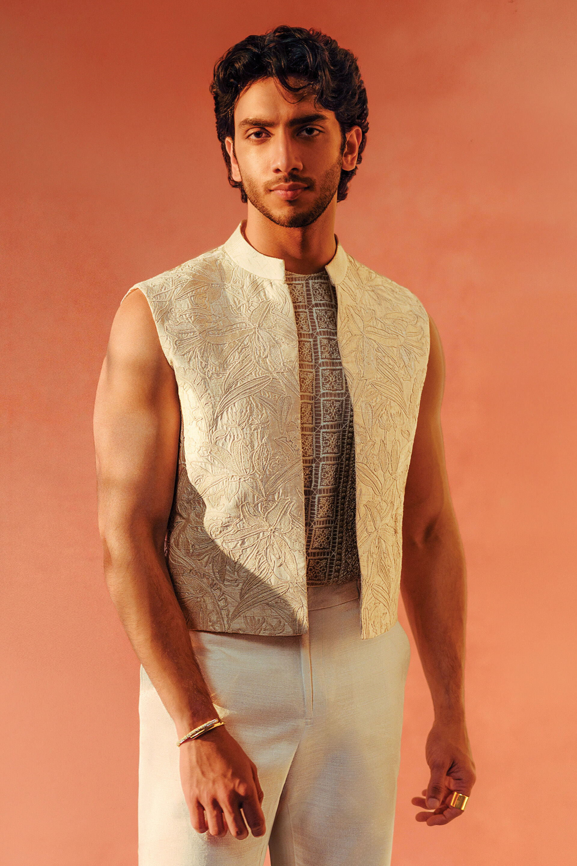 Fintan Embroidered Cord Silk Jacket Set - Ivory