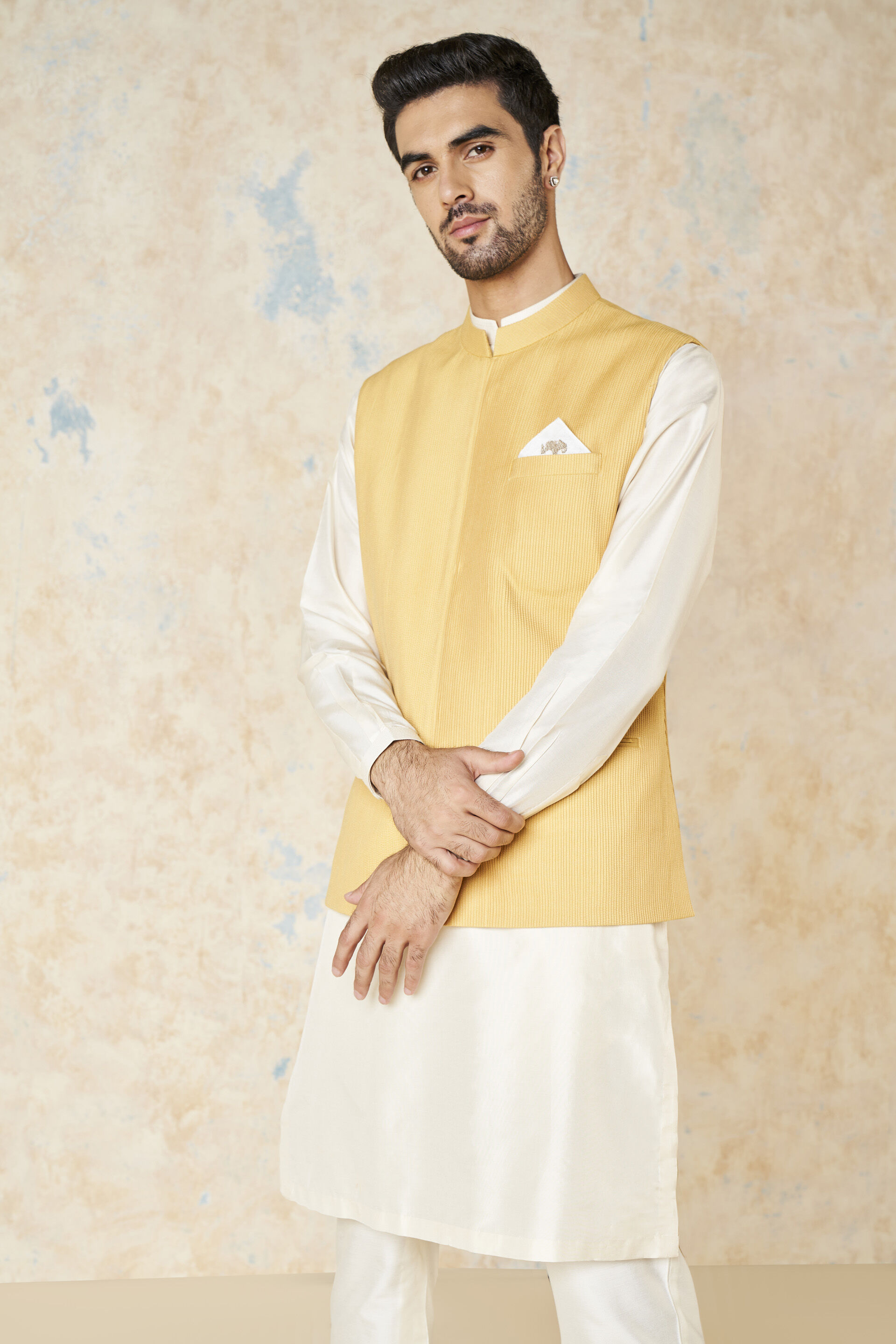 Buy Yellow Chanderi Silk Handwoven Nehru Jacket For Men by Arjan Dugal  Online at Aza Fashions.