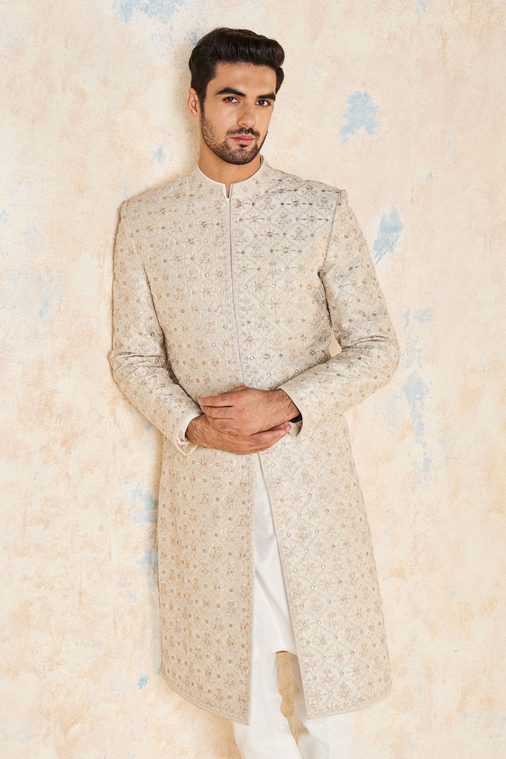 Ainesh Gota Patti & Aari Silk Sherwani - Ivory, Ivory, image 4