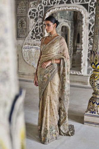 Suramya Embroidered Zardozi Silk Saree - Gold, Gold, image 3