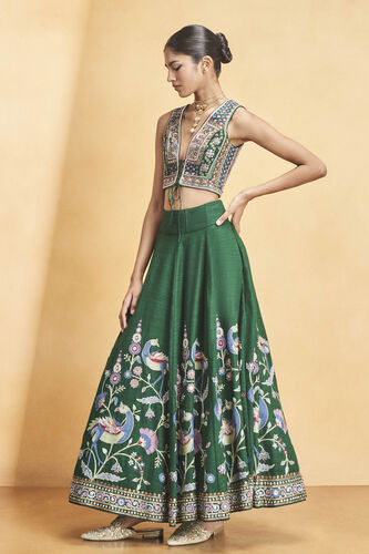 Evergreen Paradise Embroidered Zardozi Silk Skirt Set - Green, Green, image 2