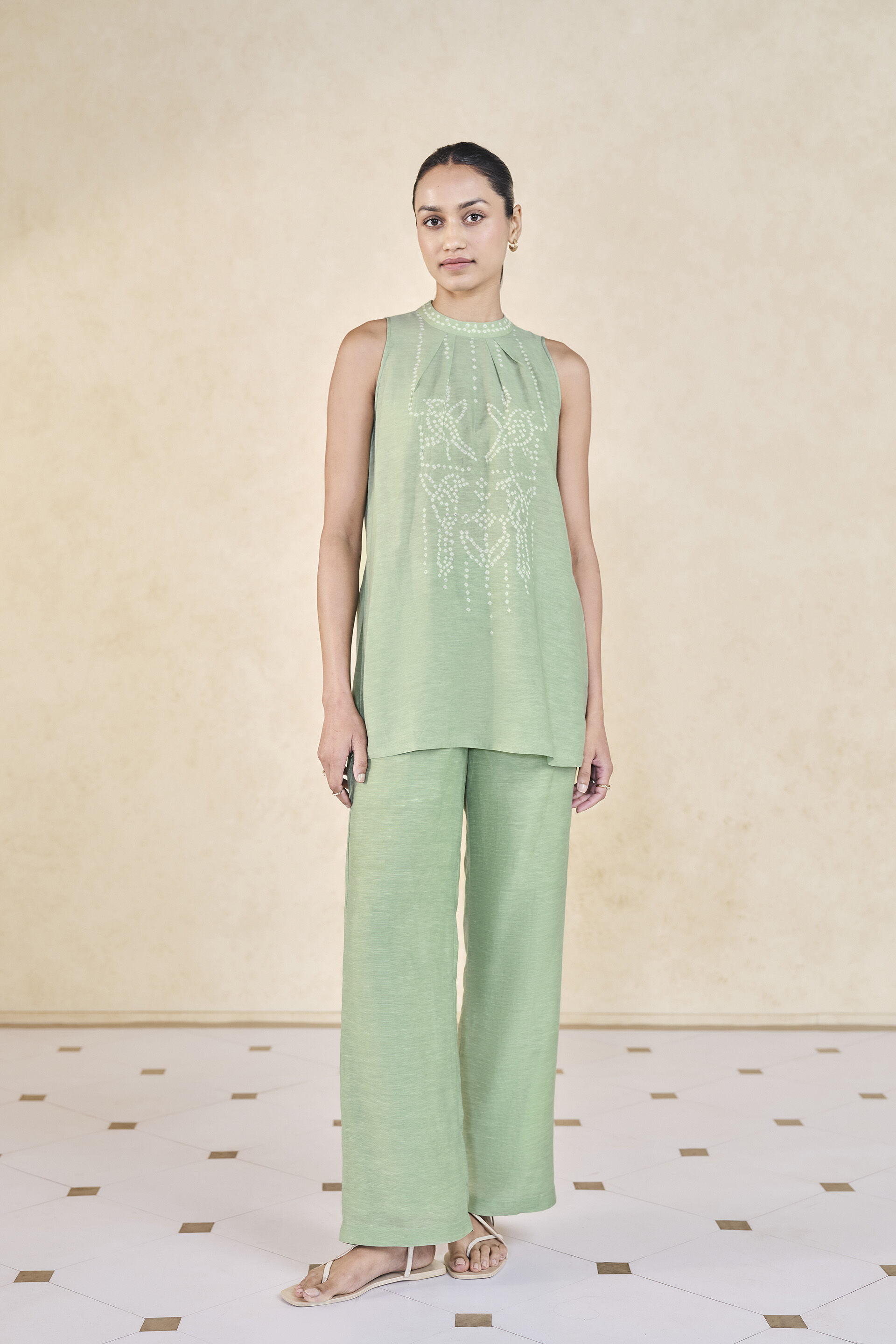 Daylily Handcrafted Bandhani Linen Co-ord - Sage, Sage, image 1