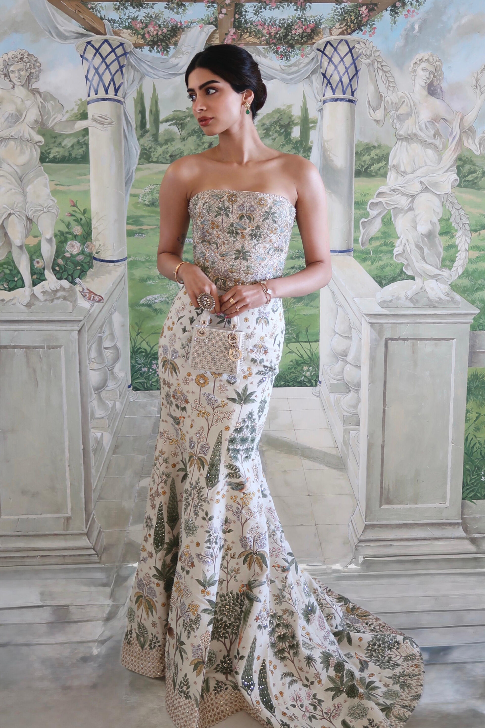 Urvara Hand-painted Pichhwai Silk Skirt Set - Ivory, , image 1