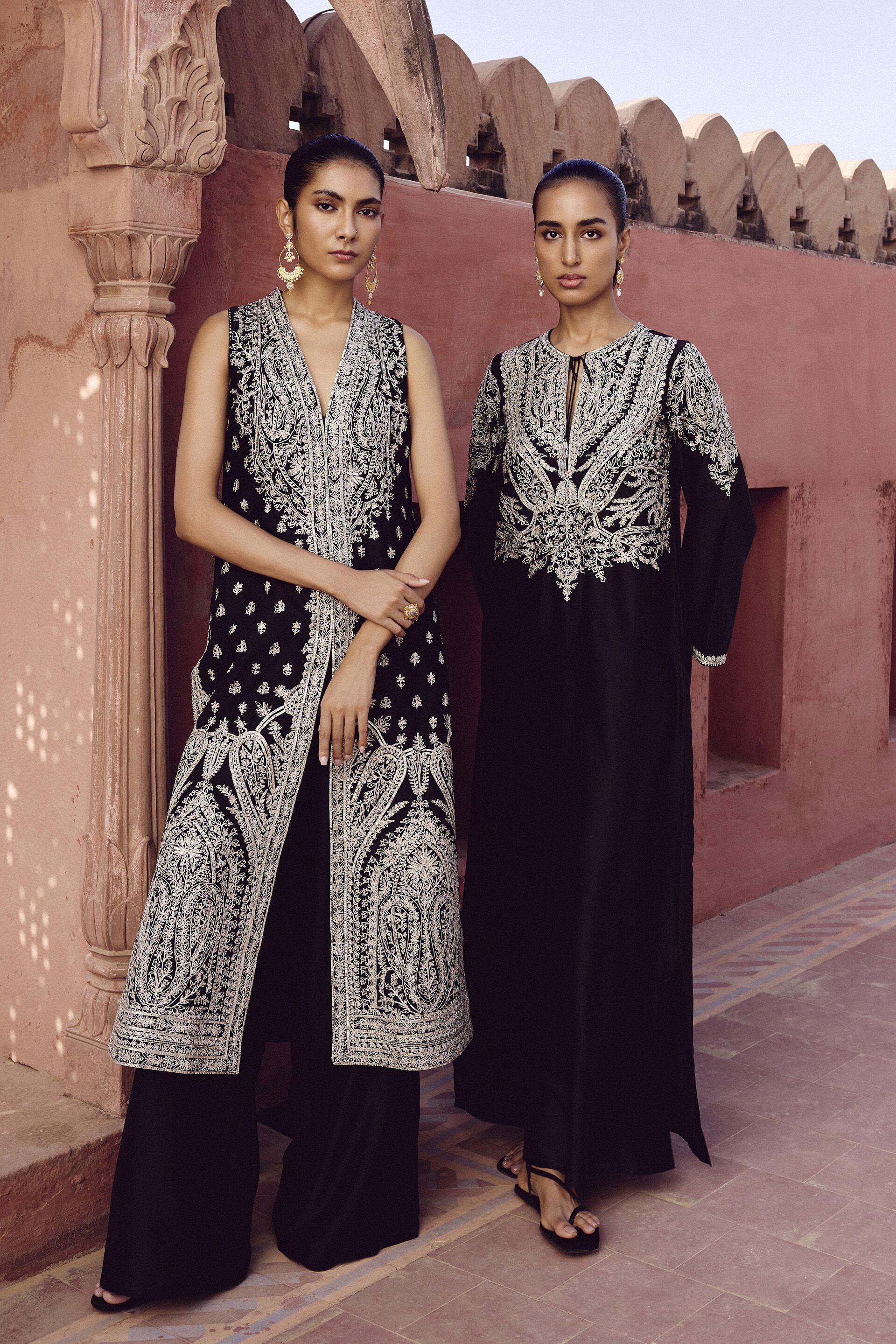 Sehrish Hand-embroidered Aari Silk Kaftan - Black, Black, image 4