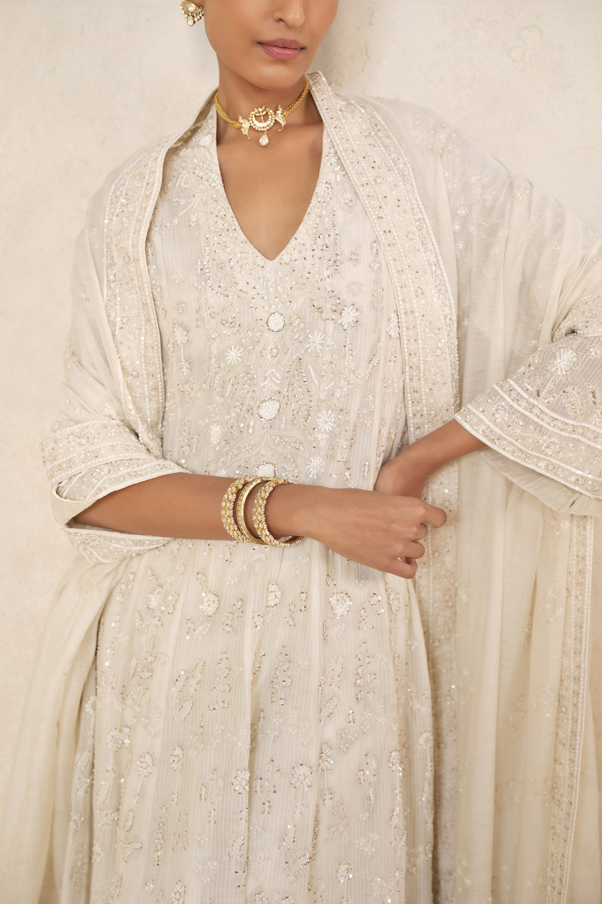Nour Embroidered Mul Palazzo Set - Ivory, Ivory, image 5