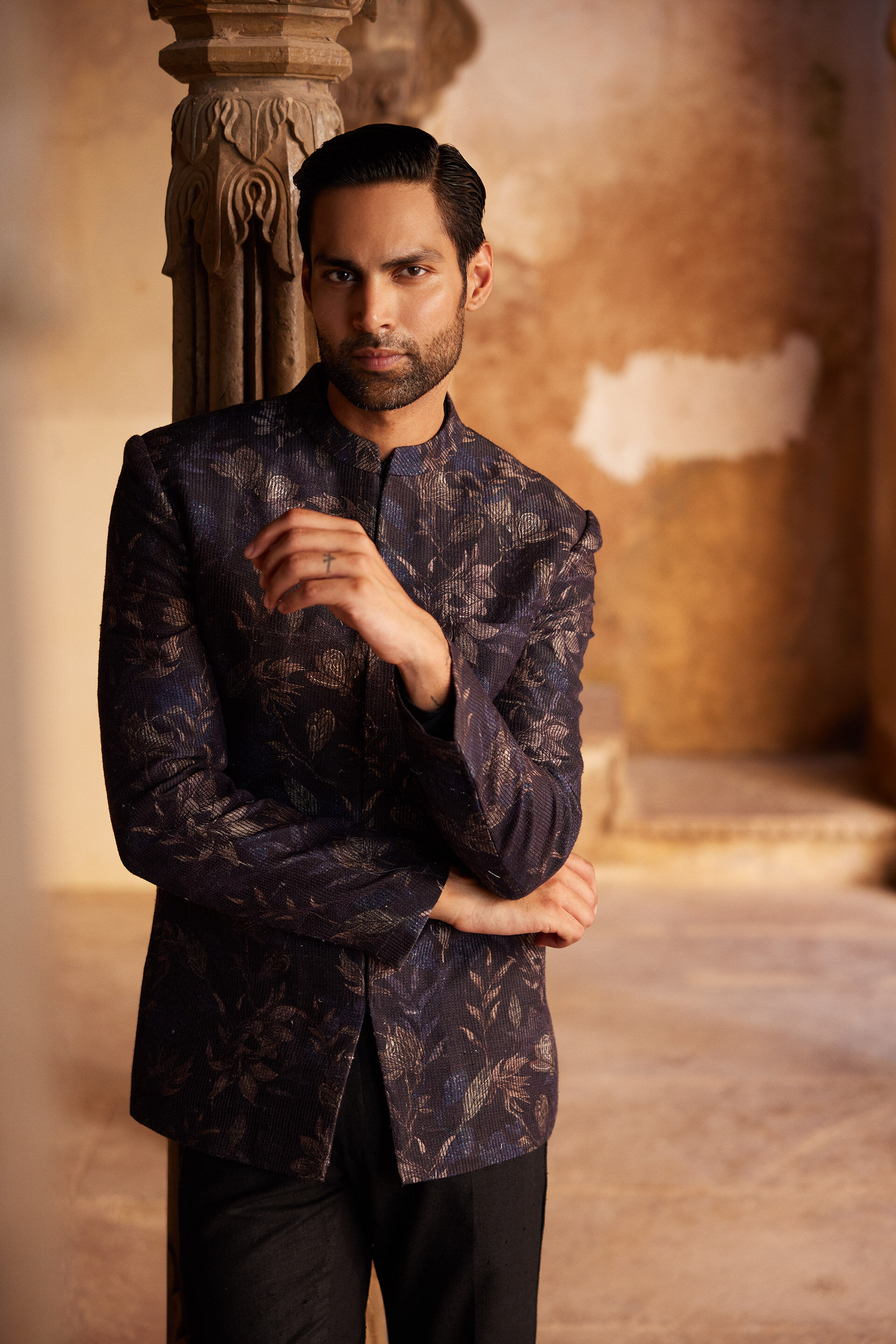 Rahin Printed Silk Bandhgala - Navy, Navy, image 3