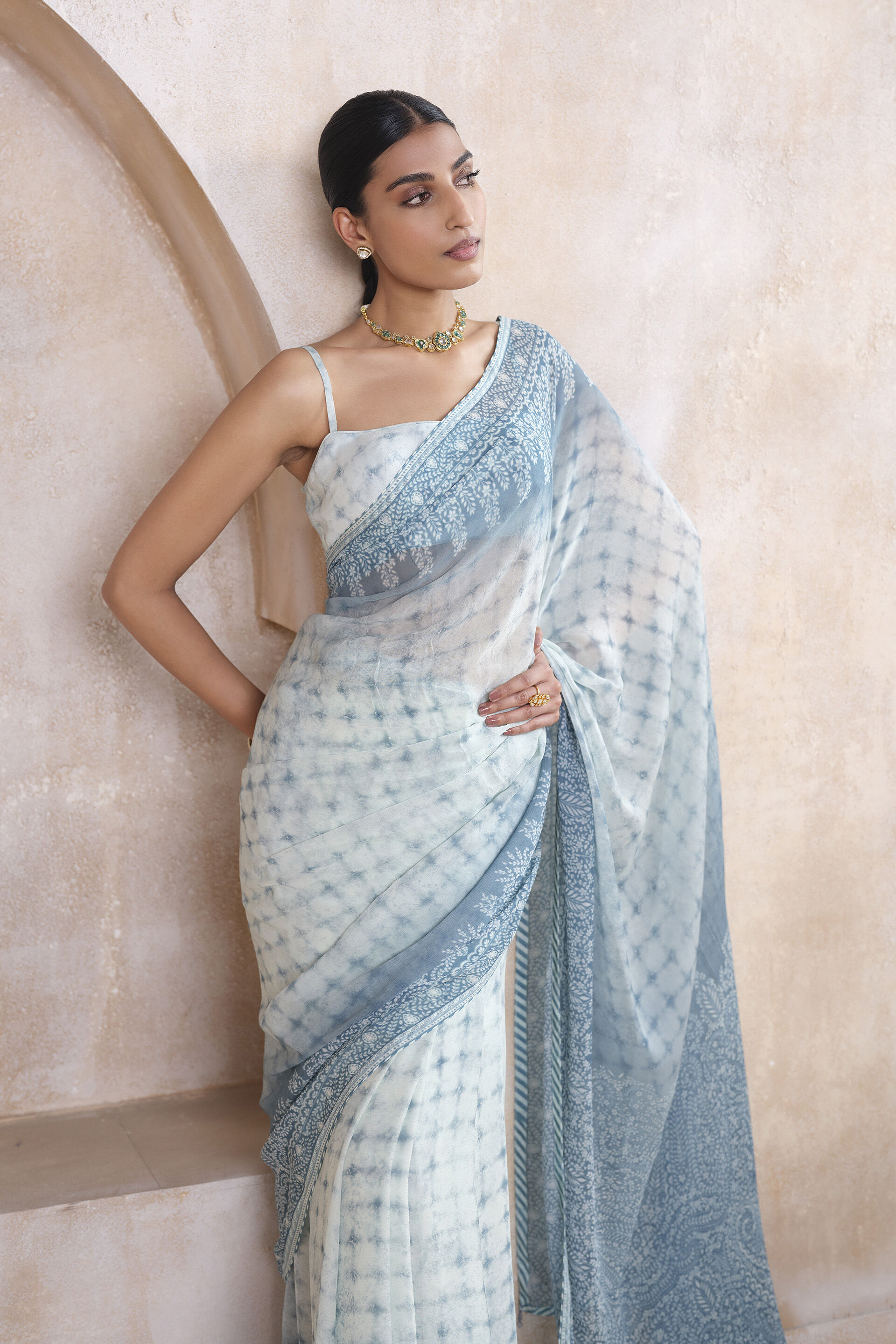 Midori Sequin Chiffon Saree - White, White, image 3