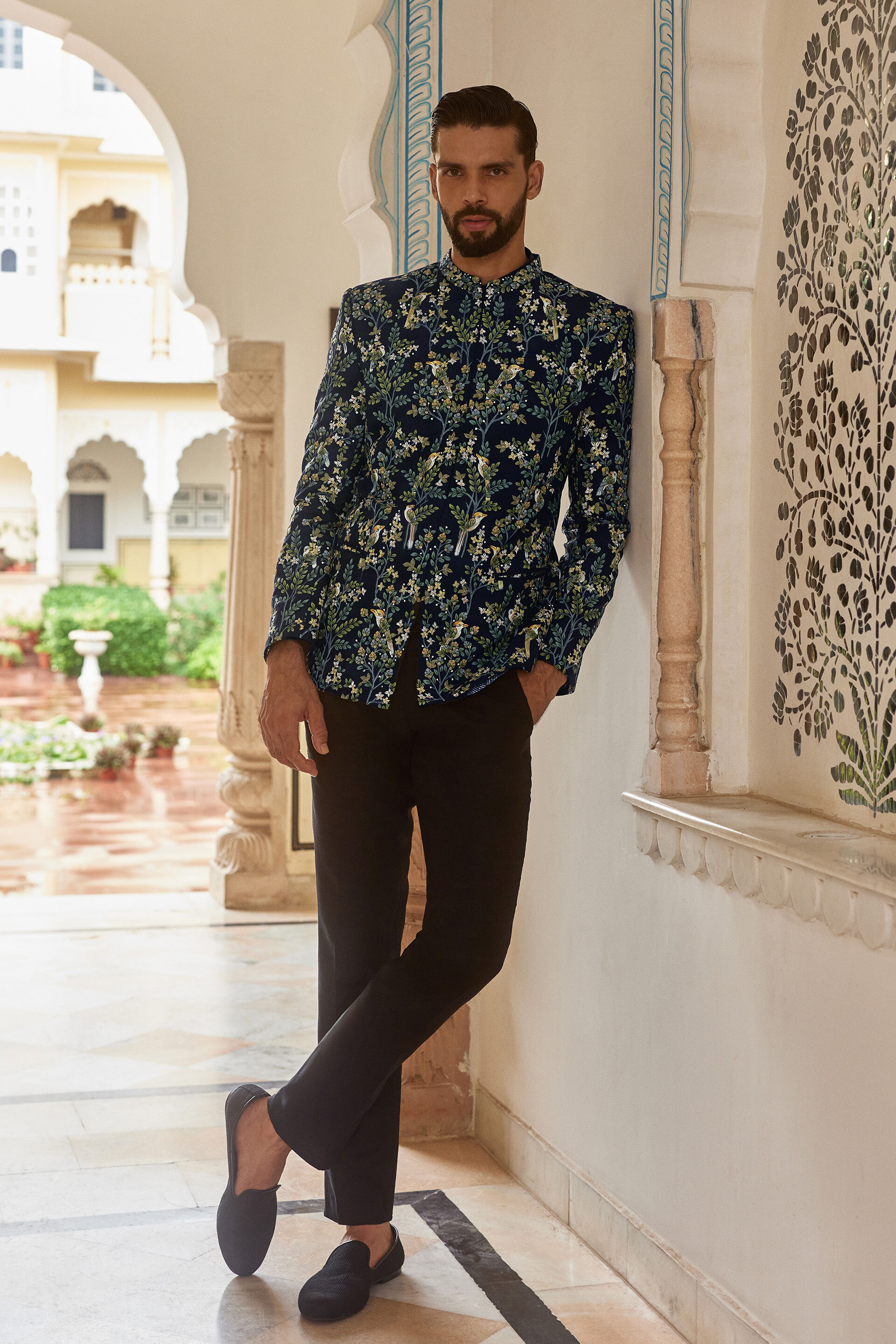 Ipsit Hand-painted Pichhwai Silk Bandhgala - Navy