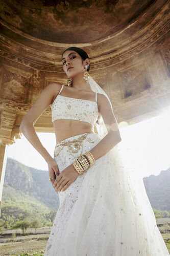 Nayaab Mirror & Zardozi Silk Skirt Set - Ivory, Ivory, image 1
