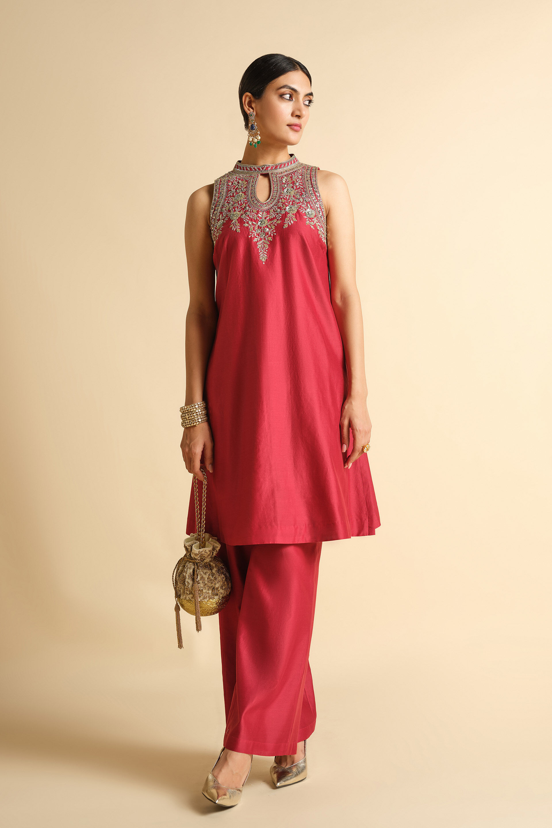 Rakavi Embroidered Cord Silk Kurta Set - Red