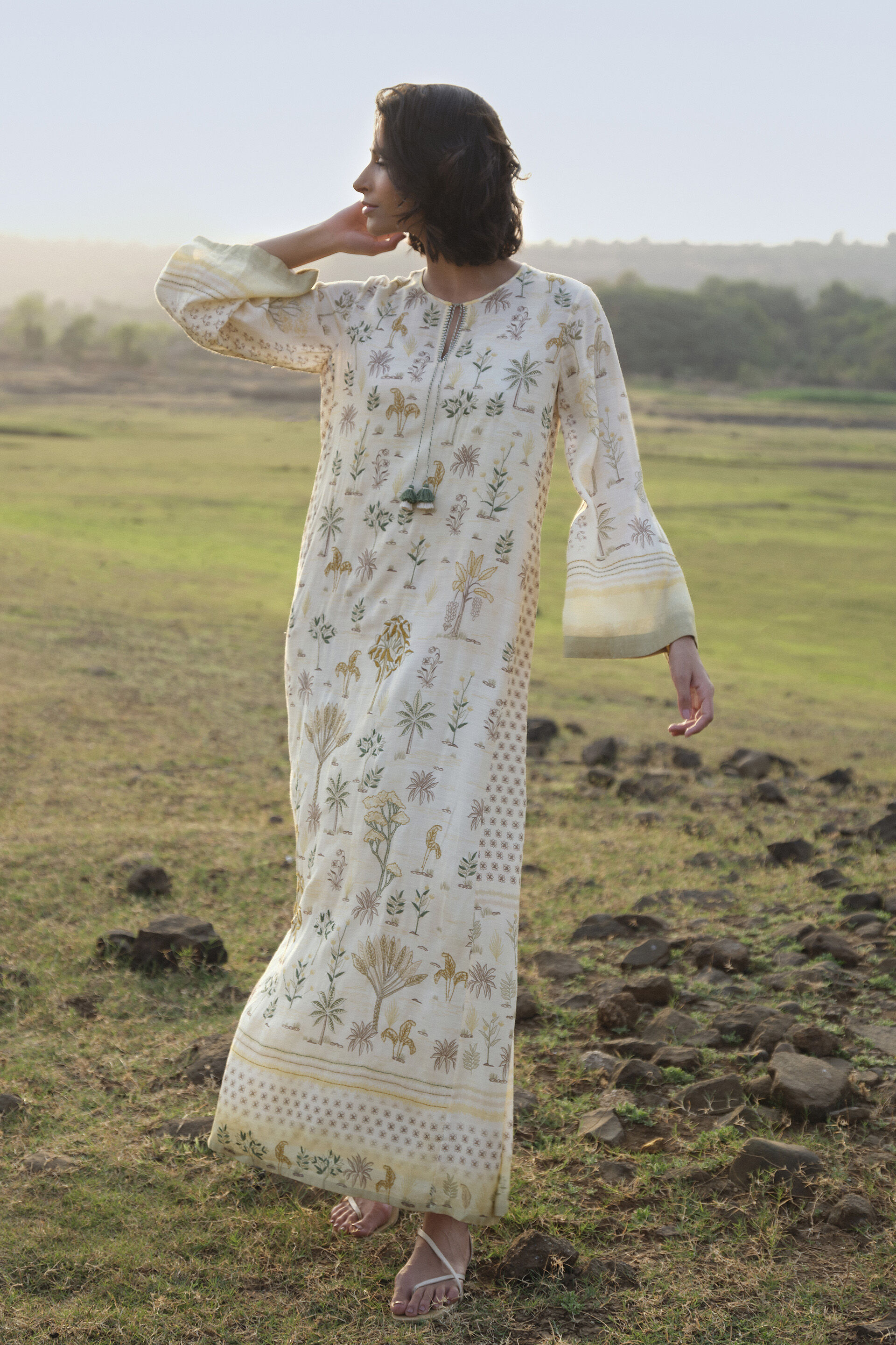 Season Song Hand-embroidered Kantha Kaftan - Yellow