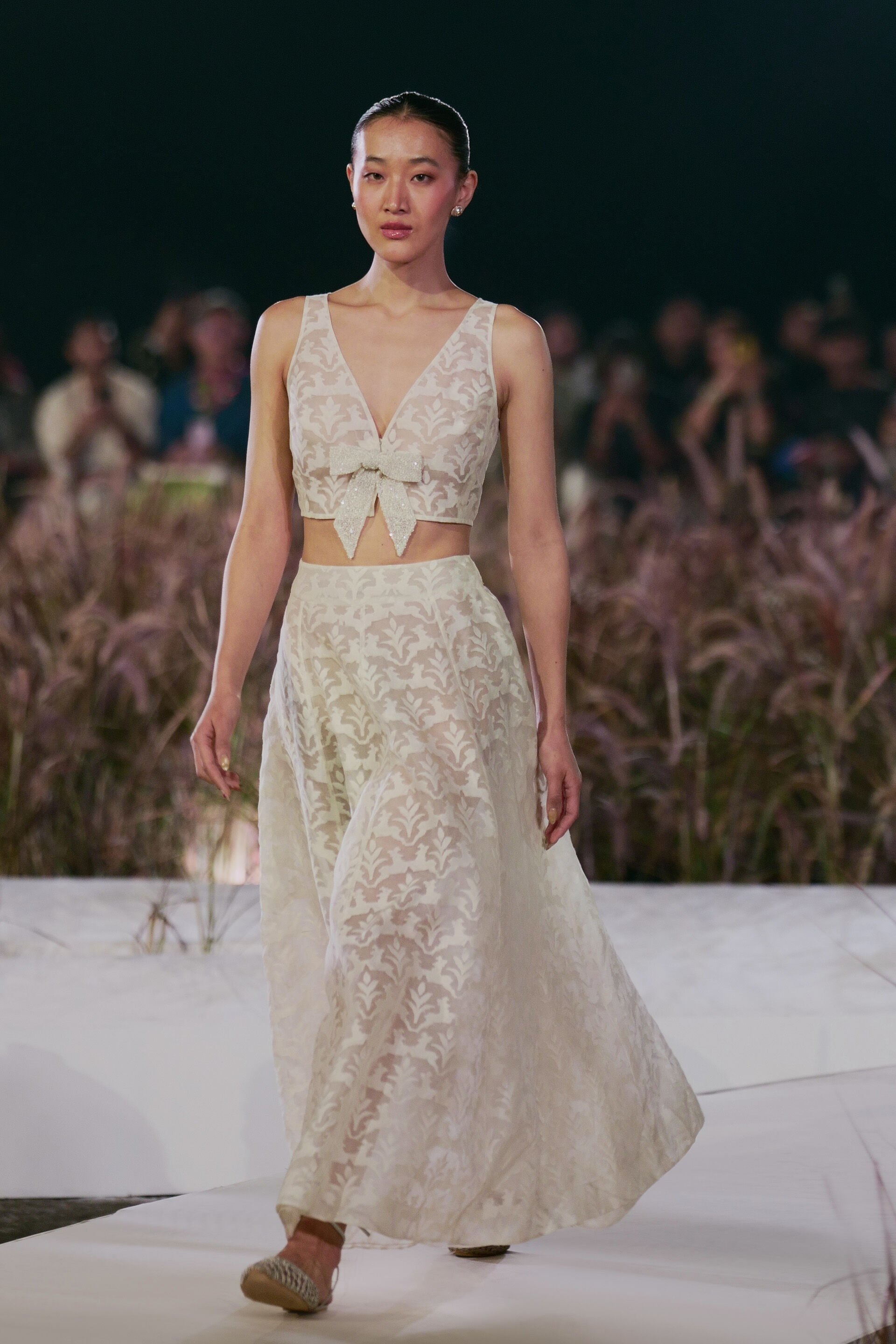 Fawn Woven Benarasi Silk Skirt Set - Ivory