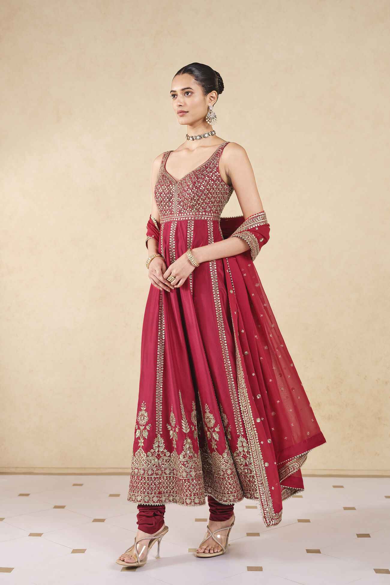 Anaka Gota Patti Silk Anarkali - Red, Red, image 2